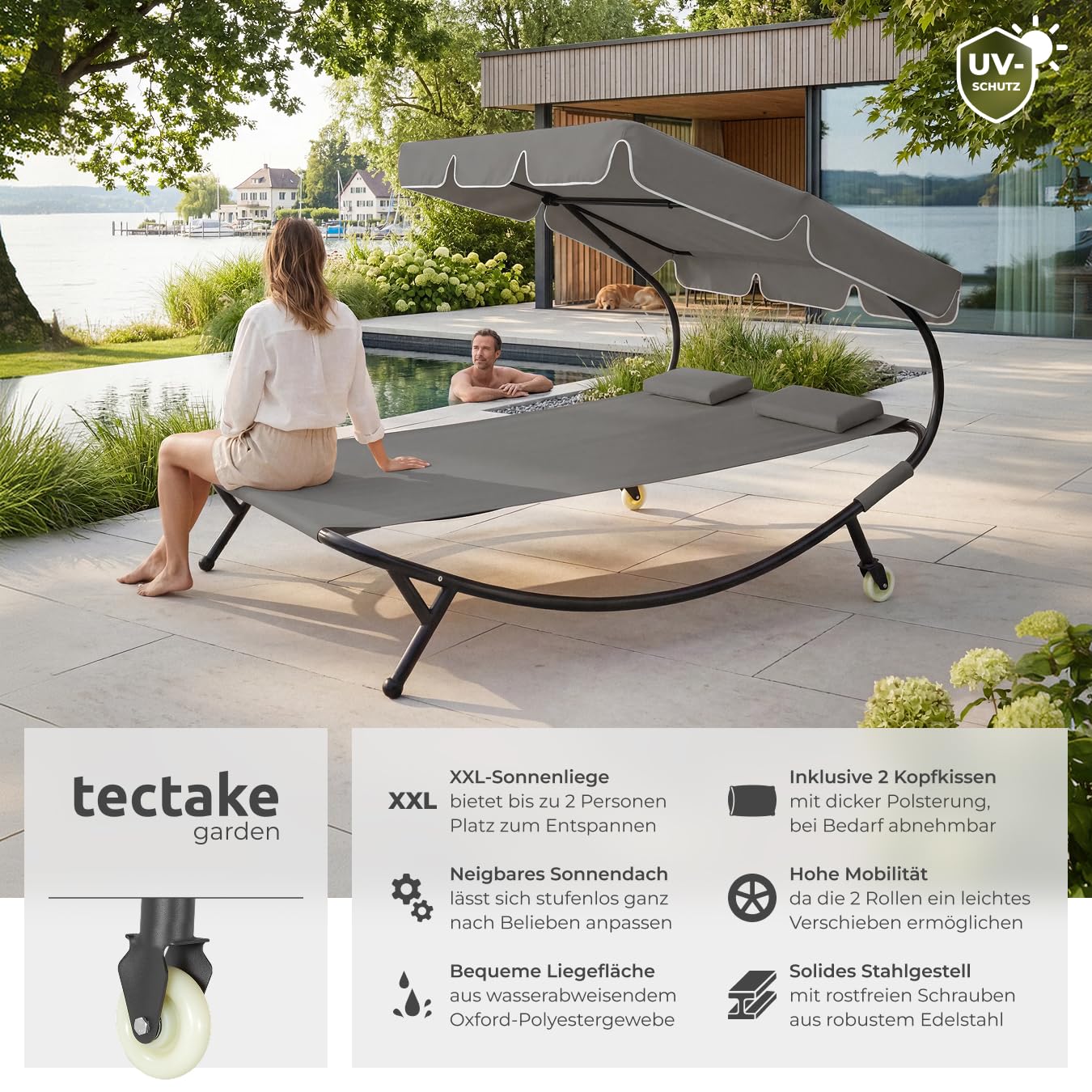 tectake Sonnenliege, Doppelliege, Outdoor Liege für 2 Personen, Gartenliege mit Sonnendach, Relaxliege, Sonnenliege mit Dach, inkl. 2 Kissen, ideal für Garten oder Balkon - schwarz/grau