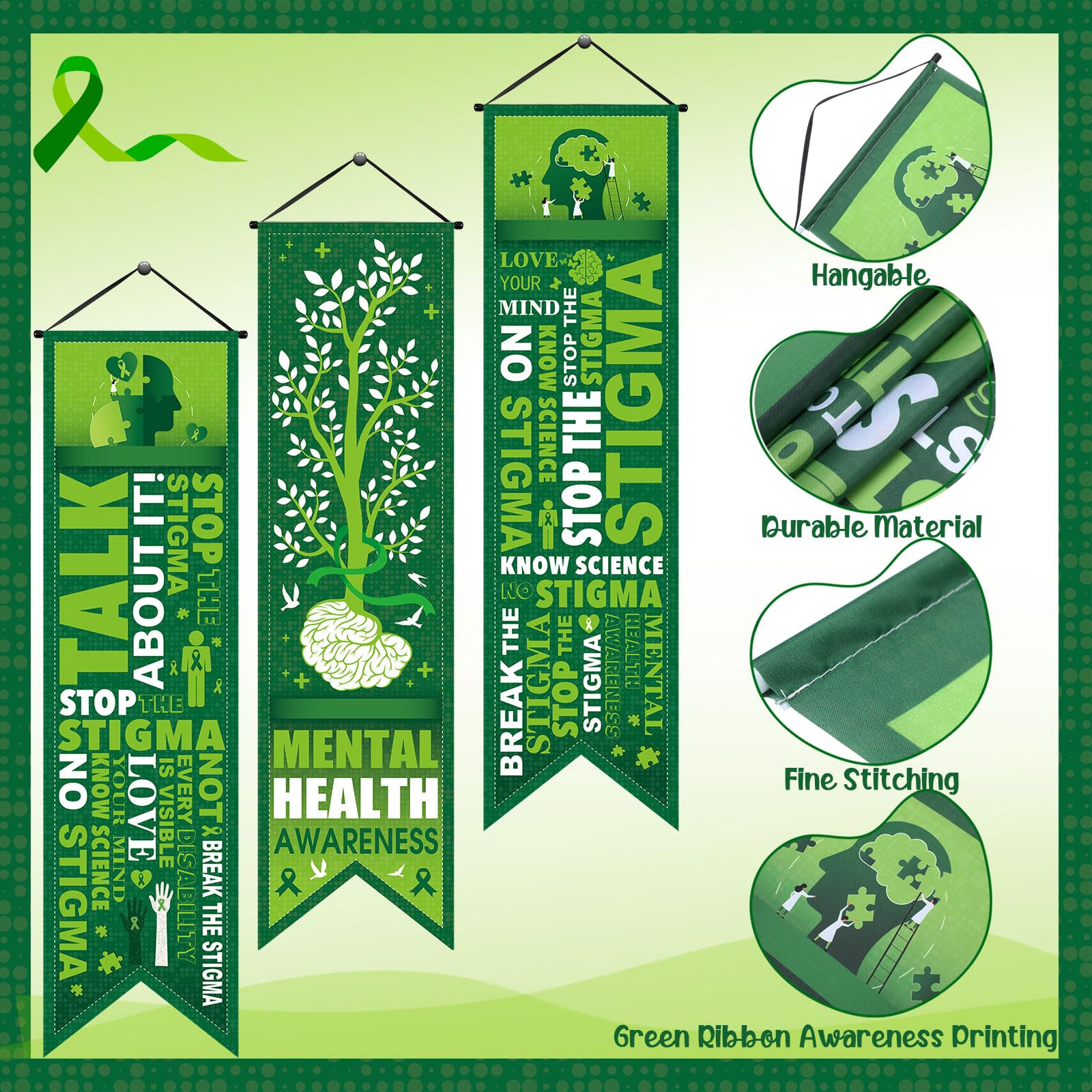 Blulu 3 Pcs Mental Health Awareness Banners Motivational Porch Signs 47''x12'' Inspirational Green Ribbon Awareness Banner Decorations for Indoor Outdoor Door Wall Mental Health Month Party Supplies - Image 3