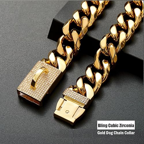 Miniatura 9 de Collar de cadena de oro para perro con diseño de hebilla segura y etiqueta de identificación, eslabones cubanos de 18 quilates, resistente y