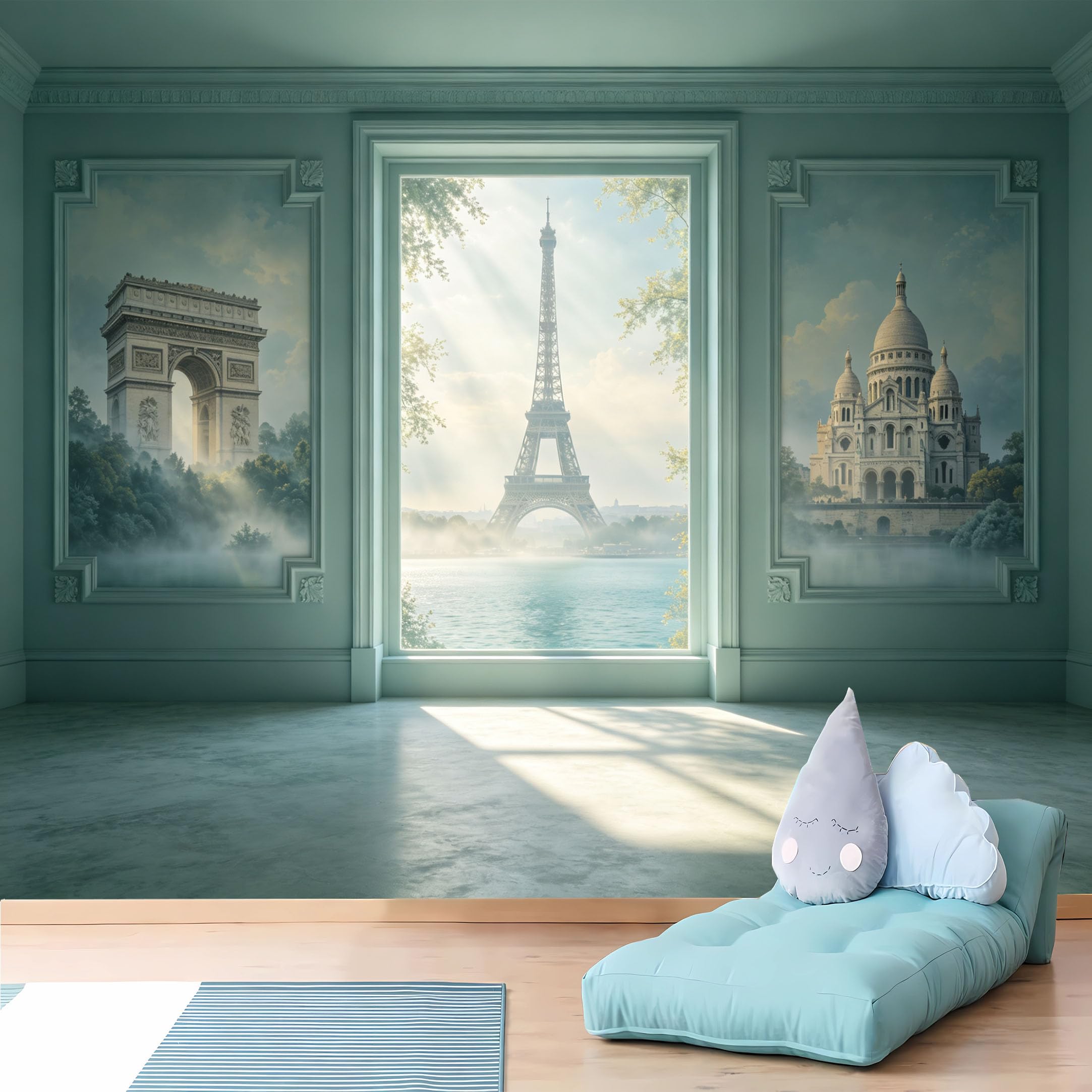 Custom Size Wall Murals 3D Paris Landmarks Through Ornate Window Wall Murals Self-Adhesive Wall Fabric (NO PVC) Removable Wallpaper for Living Room