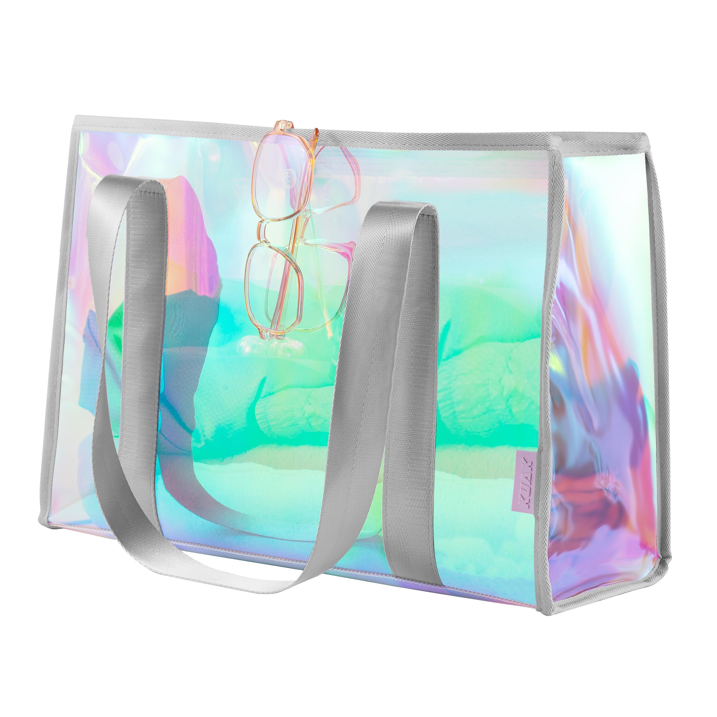KUAK Iridescent Clear Beach Tote Bag for Women Girls Large Waterproof with Inner Zipper Pocket for Swim Pool Travel Vacation