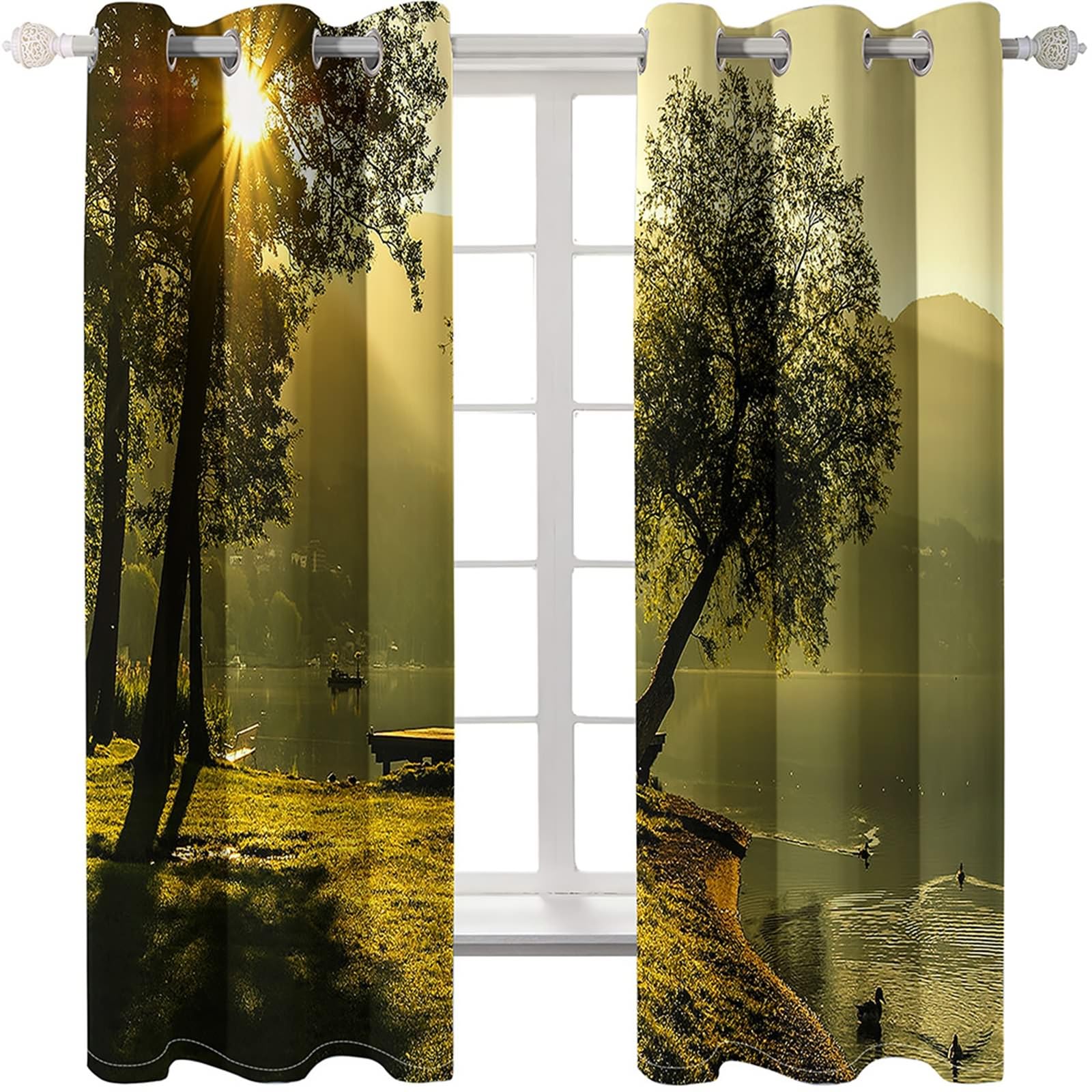 Gualiy Vorhänge Ösen 2er Set, Vorhang 132x160cm Baum See Landschaft Blickdicht Vorhang
