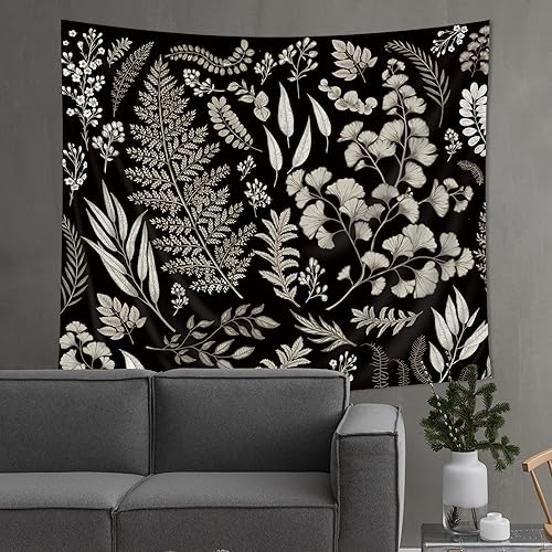 Miniatura 7 de SVBright Tapiz de tela botánica para colgar en la pared 59 pulgadas de ancho x 51 pulgadas de alto eucalipto vintage simple verde salvia negro hojas