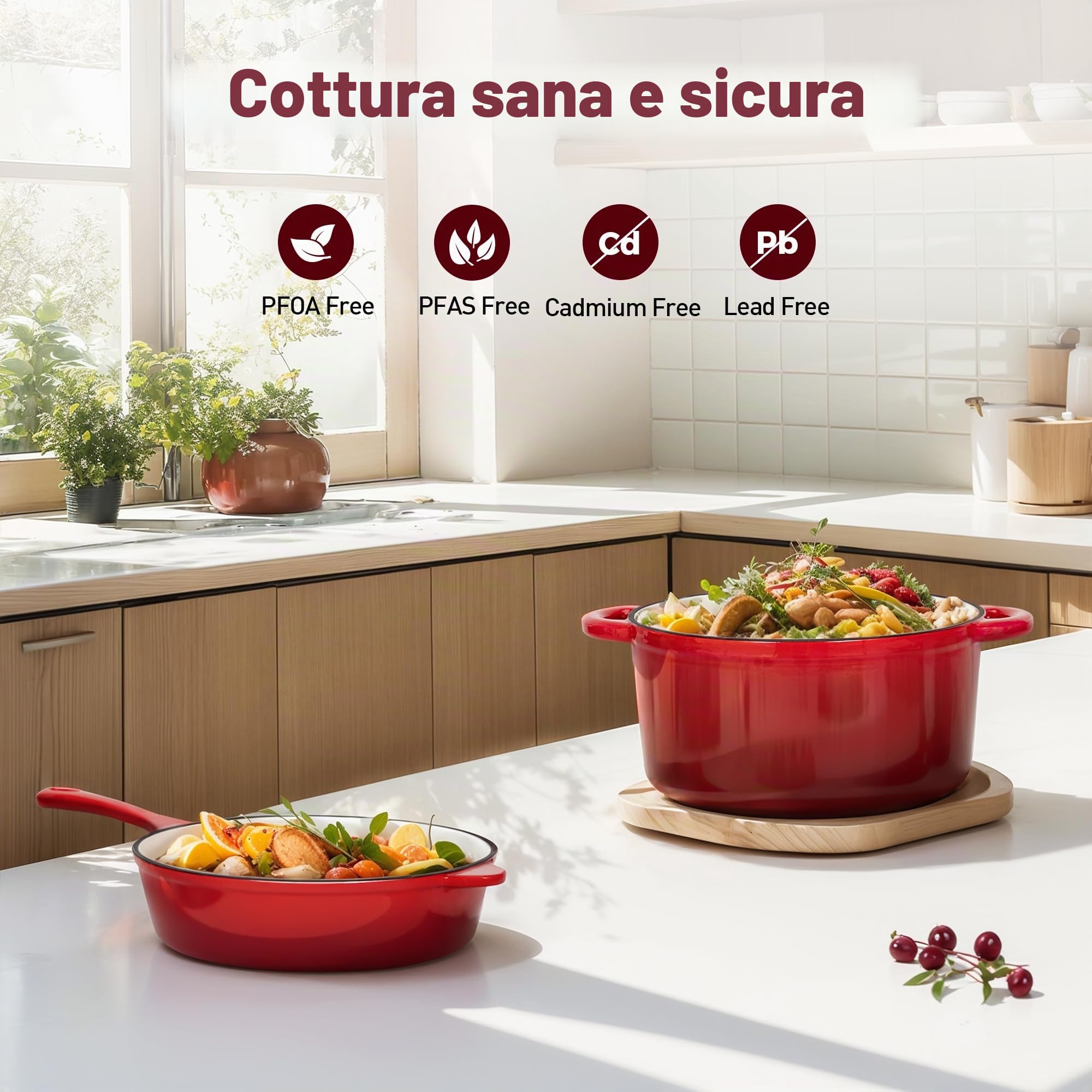 Kitchen Academy - Set di 7 pentole in ghisa con forno olandese, utensili da cucina in ghisa smaltata, padella per salsa, padella, 3 coperchi, set di pentole e padelle olandesi