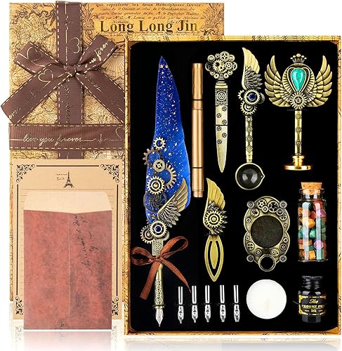 LongLongJin Juego de tinta de pluma con sello de sello, juego de bolígrafo de caligrafía de plumas y tinta, kit de sellos de cera, cuaderno de