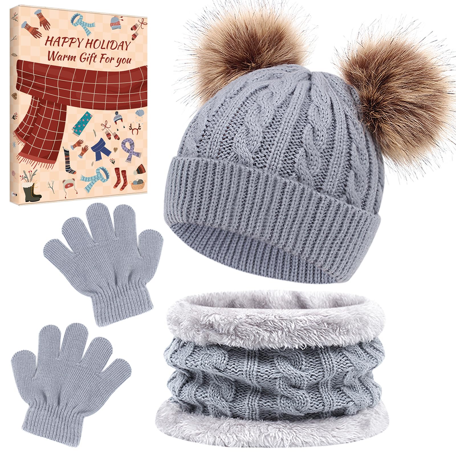 srclo3 Pieces Hat And Scarf Gift Box Sets for kids Winter Pom Pom Hat Gloves Set for Girls Boys Warm Knitted Beanie Hats Snood Scarf and Gloves for Children,Christmas gifts for Kids (Grey)