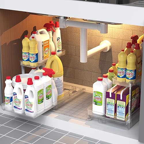 Organizadores para debajo del fregadero con bandeja impermeable, organizador y almacenamiento para debajo del fregadero en forma de L,