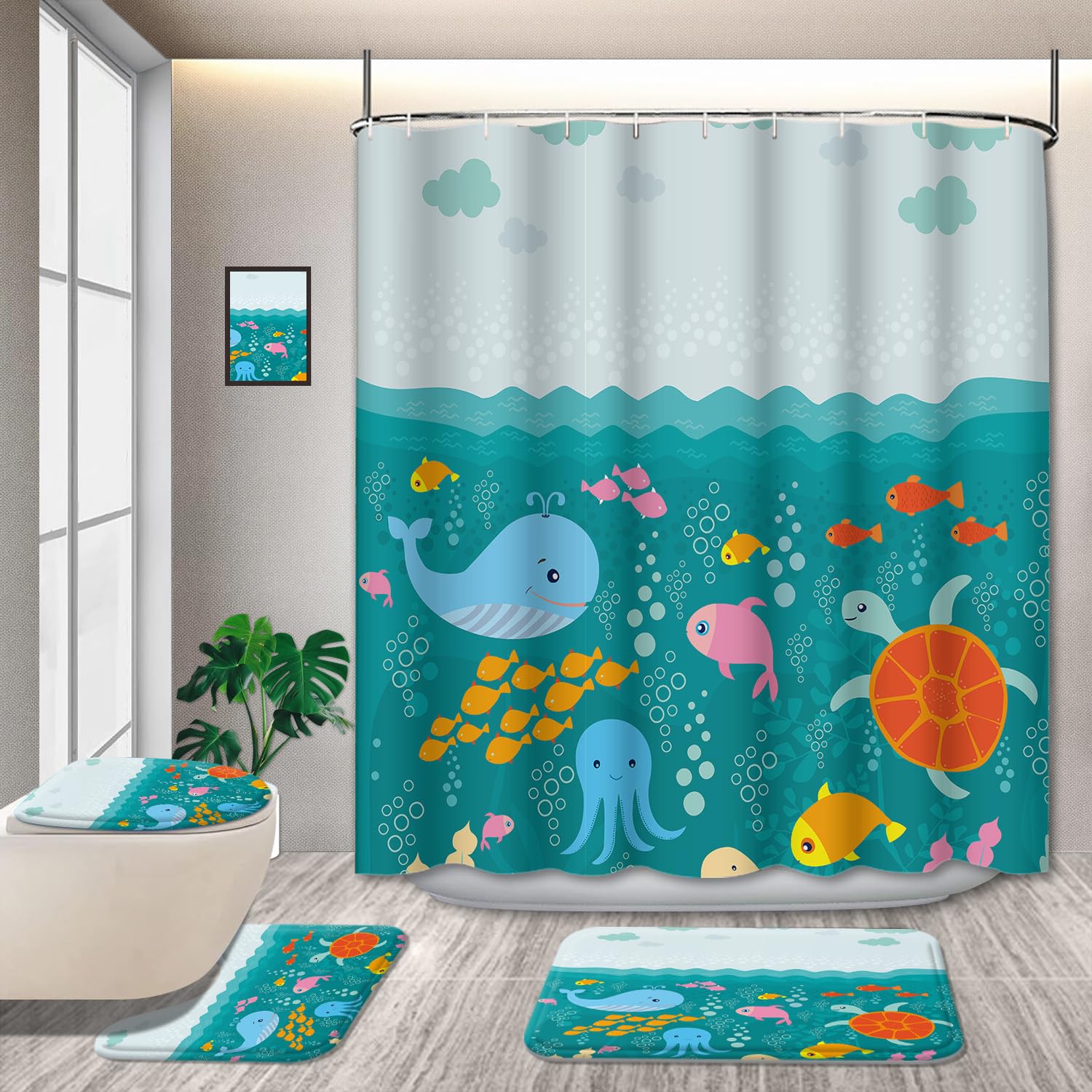 GRIEKOWE 4 Pcs Lovely Cartoon Sea Creatures Fabric Shower Curtain for Kids with Non-Slip Rugs, Whale Turtle and Fish Bathroom Decor Curtain for Girls