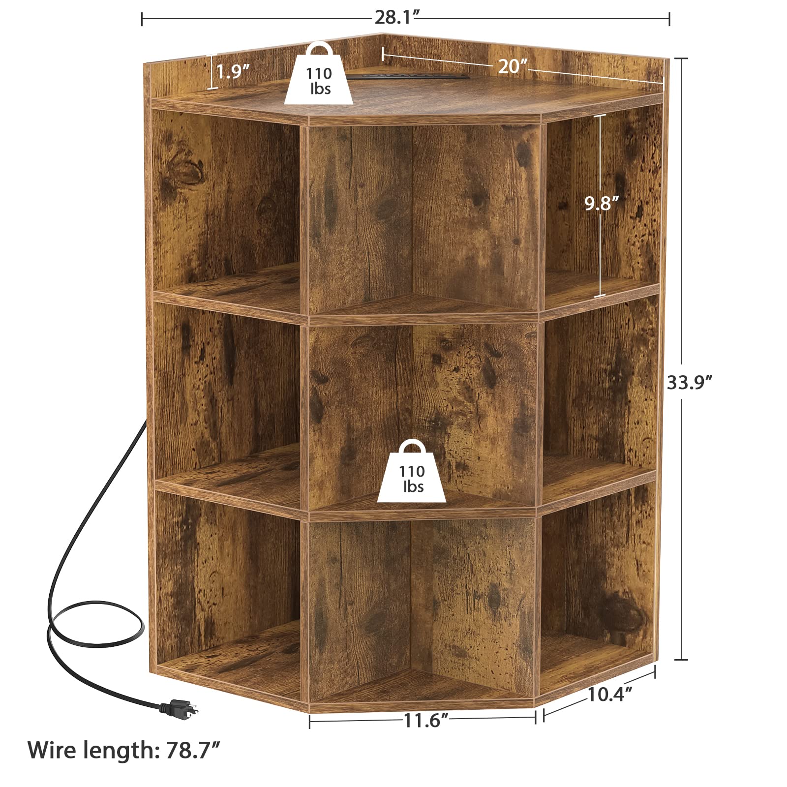 Aheaplus Corner Cabinet, Corner Storage with USB Ports and Outlets, Corner Cube Toy Storage for Small Space, Wooden Cubby Corner Bookshelf with 9 Cubes for Playroom, Bedroom, Living Room, Rustic Brown