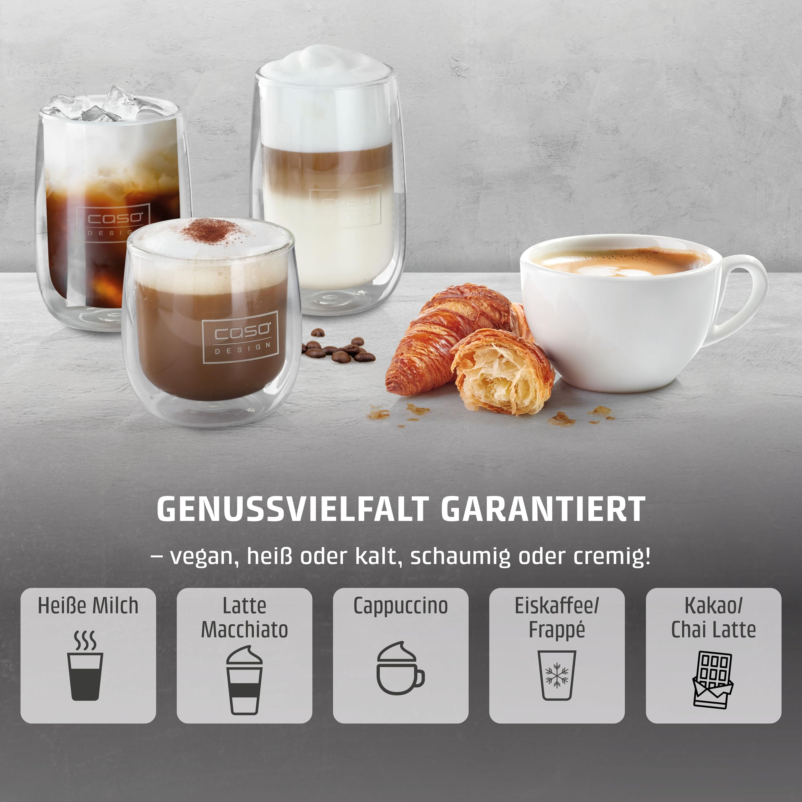 CASO CappuLatte - Design Glas-Milchaufschäumer, cremiger Milchschaum, heiß & kalt, abnehmbarer Behälter, spülmaschinengeeignet, 5 Funktionen, 250 ml/400 ml, LED-Anzeige, One-Touch