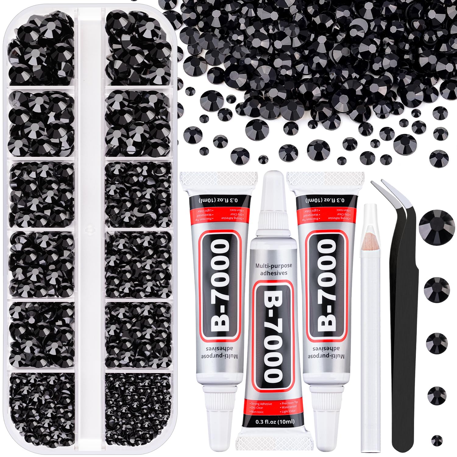 32000Pcs Resin Rhinestones for Bedazzling, Silver Clear Flatback Gems for Diamond Art, Crystal Bedazzler Kit with 3Pcs 10ml B7000 Jewelry Glue for Nail Art Crafting Clothing Book Makeup