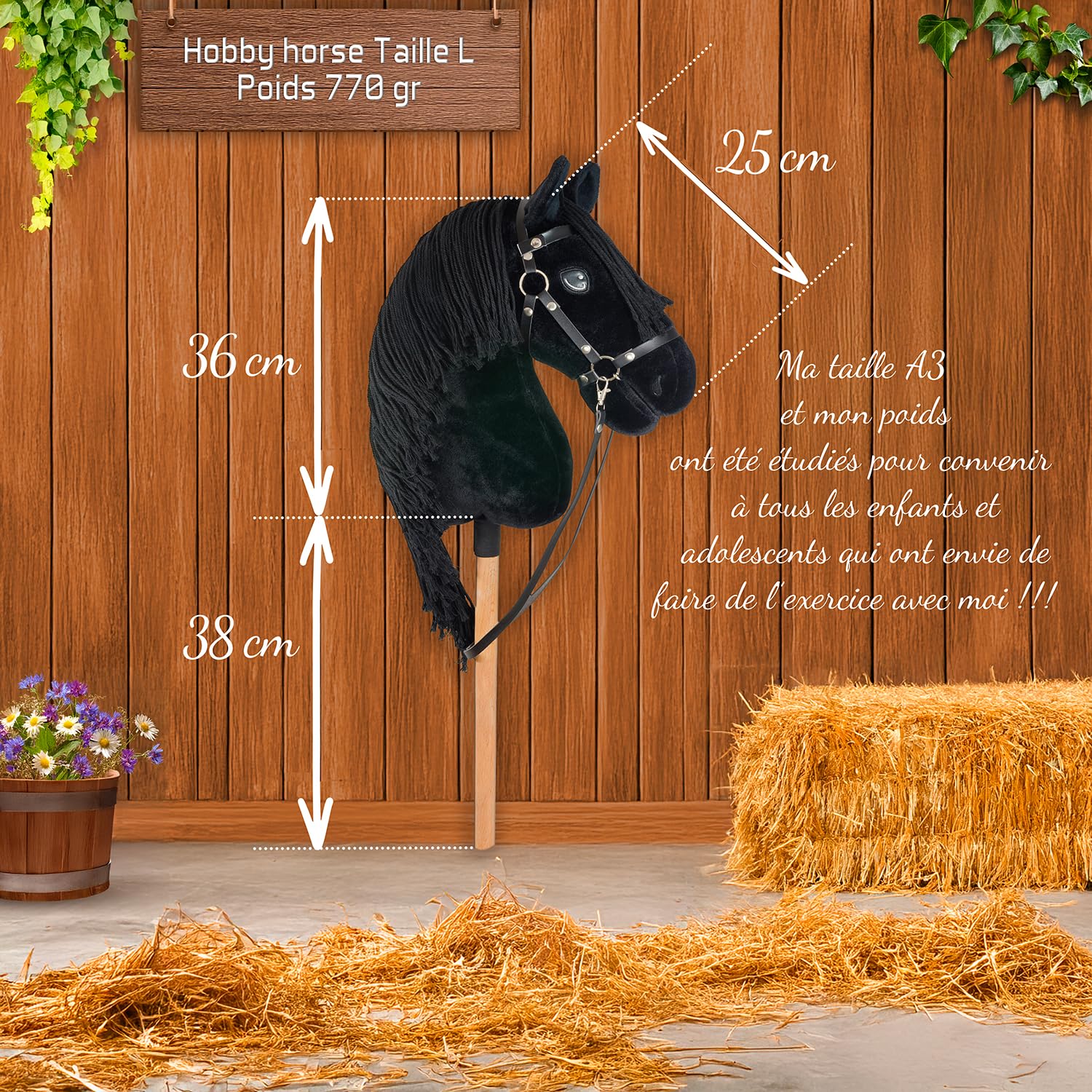 Black Star Hobby Horse A3 - realistyczny czarny fryzyjski koń - zabawka jeździecka dla dzieci