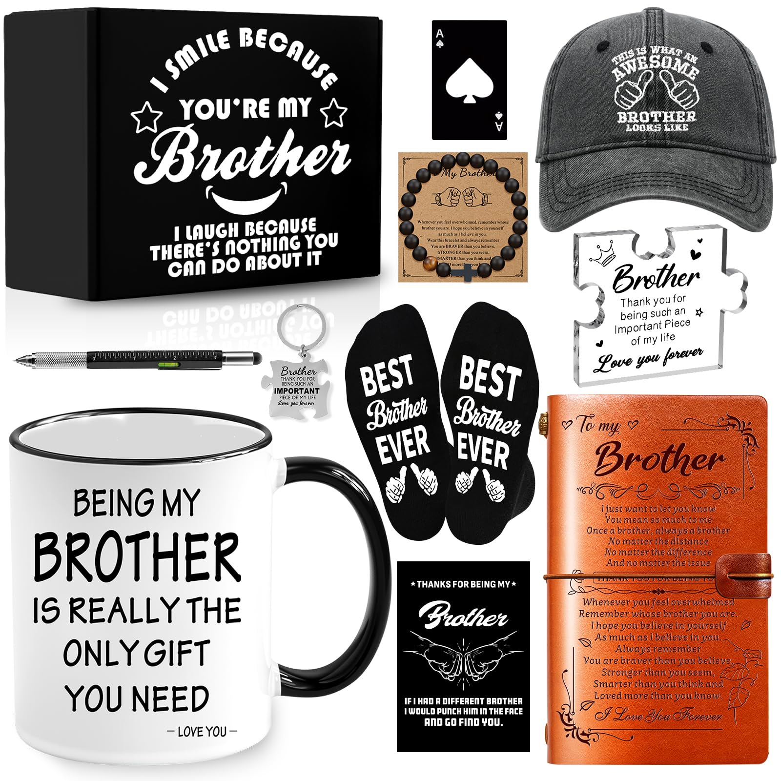 11 PCS Brother Gifts from Sister Brother with 11 Oz Coffee Mug Journal Cap Socks Acrylic Plaque Bracelet Keychain Pen, Birthday Christmas Christian Gift for Brother in Law, Son, Nephew, Grandson