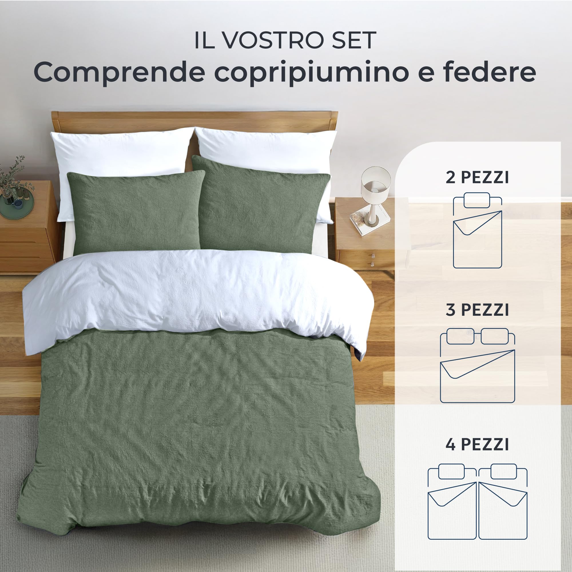 Dreamzie 2 Copripiumino Singolo Cotone 135x200 cm con 2 Federe 80x80 cm - Verde Set Copripiumino Singolo 135 x 200 con Chiusura Lampo, Consistenza Simile al Lino Slavato Pietra
