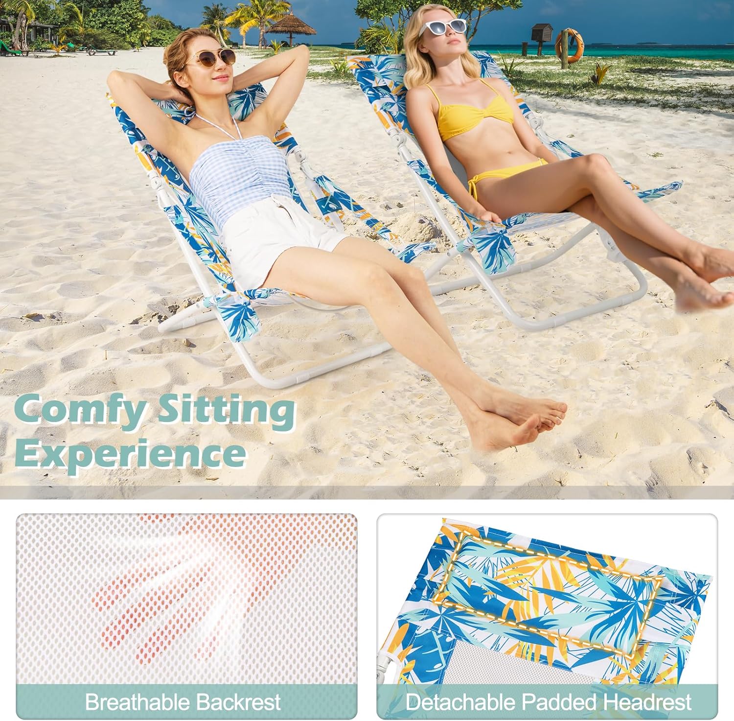 GYMAX Beach Chair Set of 2, Folding Sling Chairs with Headrest, Cup Holder & Shoulder Strap, 330 LBS Portable Patio Lounge Chairs for Outside, Camping, Lawn, Deck, Backyard, Poolside (Blue,2 Pcs)
