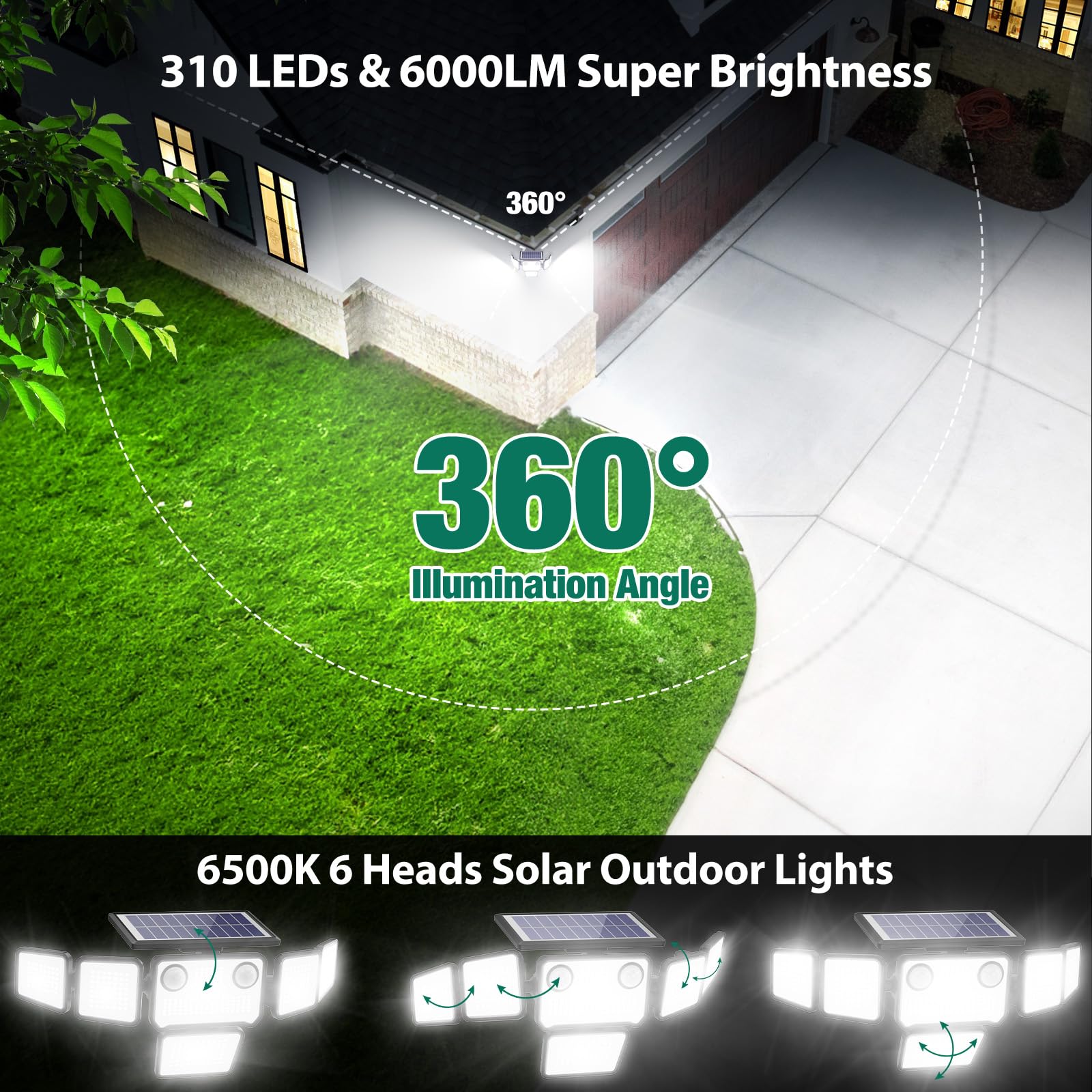 Luces solares con sensor de movimiento dual para exteriores, 3000 lm, 6 cabezales ajustables, luces solares de pared de seguridad, IP65 impermeable y control remoto para graden, exterior, patio