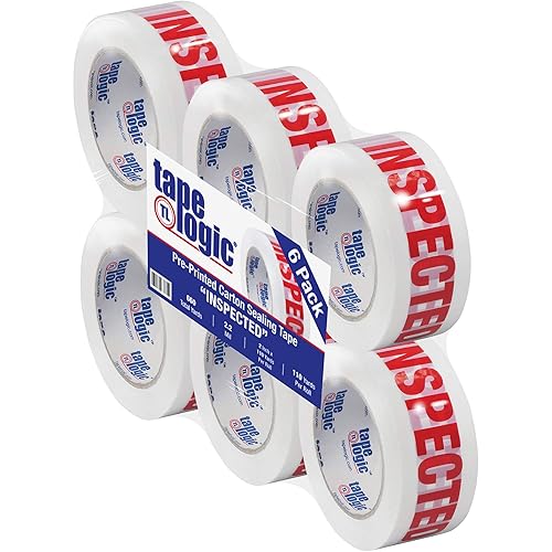 Tape Logic Cinta de sellado de cartón preimpresa, inspeccionada", 2.2 mil, 2" x 110 yardas, rojoblanco, (paquete de 6)