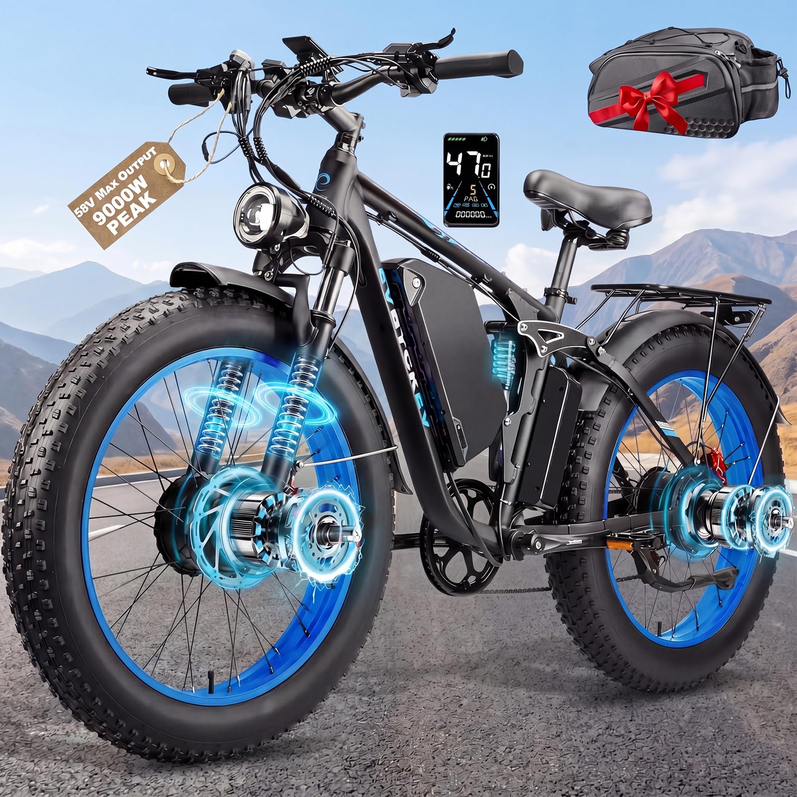 9000W Peak Dual Motor Ebike for Adults 47 MPH Fast Electric Bike, 58V Max 1972 Wh Up to 105 Miles Ebikes,24" Fat Tire E-Bike,Full Suspension Electric Bicycle for Mountain Commuter Snow