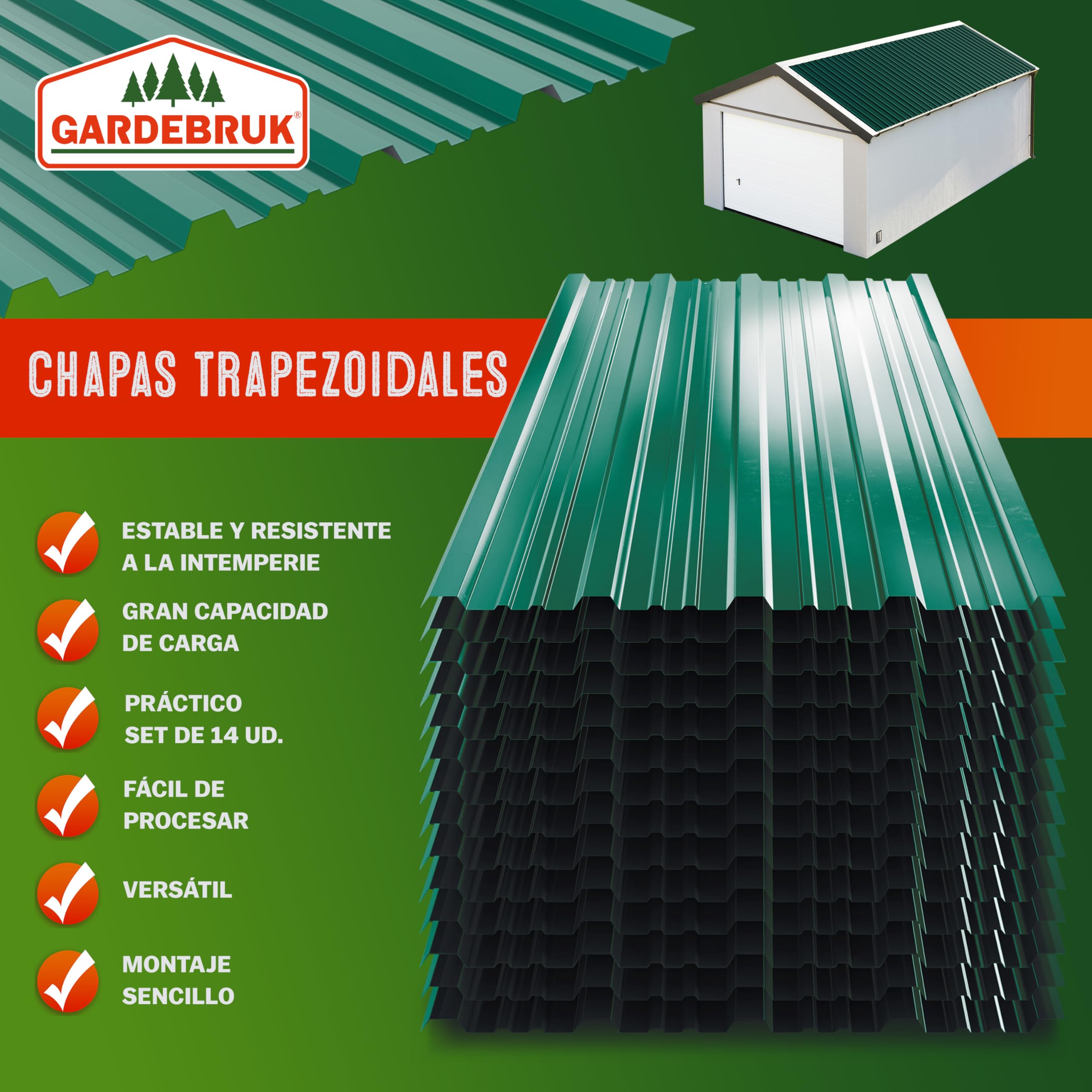 GARDEBRUK® 14x Paneles Tejado Trapezoidales, 110x46cm = 7m², Placas Galvanizadas, Chapas Onduladas Perfiladas Sandwich, Sin Agujeros, Verde, Garage Caseta Cobertizo Construcción, Fácil Montaje