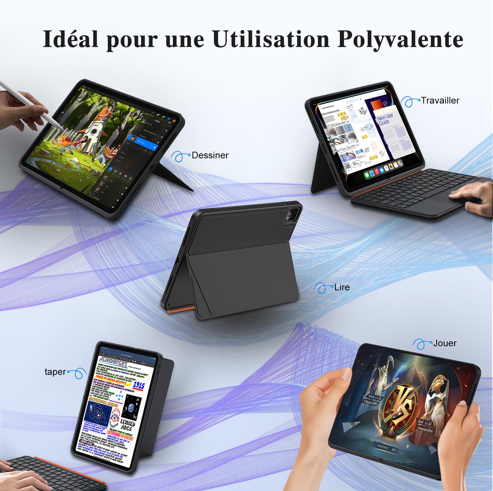 Housse Clavier pour iPad Air 13 Pouces (M4/M3/M2, 2026/2025/2024), Pro 12,9" 6e/5e/4e/3e Gén, Clavier Bluetooth Magnétique Détachable, Trackpad, Rétroéclairées, Support Ajustable (Noir)