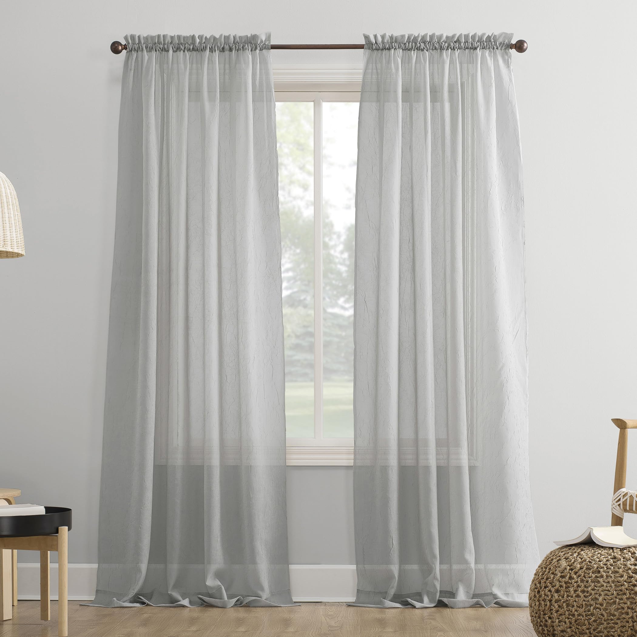 No. 918 Erica Crushed Sheer Voile Rod Pocket Curtain Panel, 51" x 84", Silver Gray