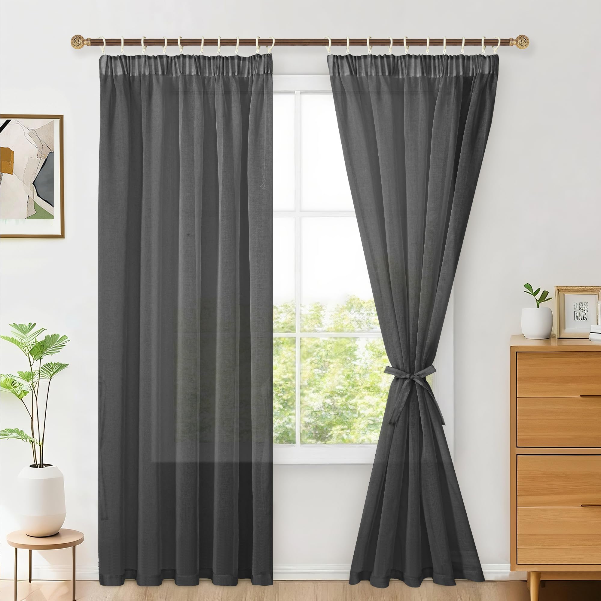 Hiasan 2er Set Sheer Voile gardinen vorhänge gardine Wohnzimmer mit Kräuselband Curtains scheibengardinen Vorhang Transparente Durchsichtig Luftig Dekoschal für Schlafzimmer 245x140cm(HxB) Schwarz