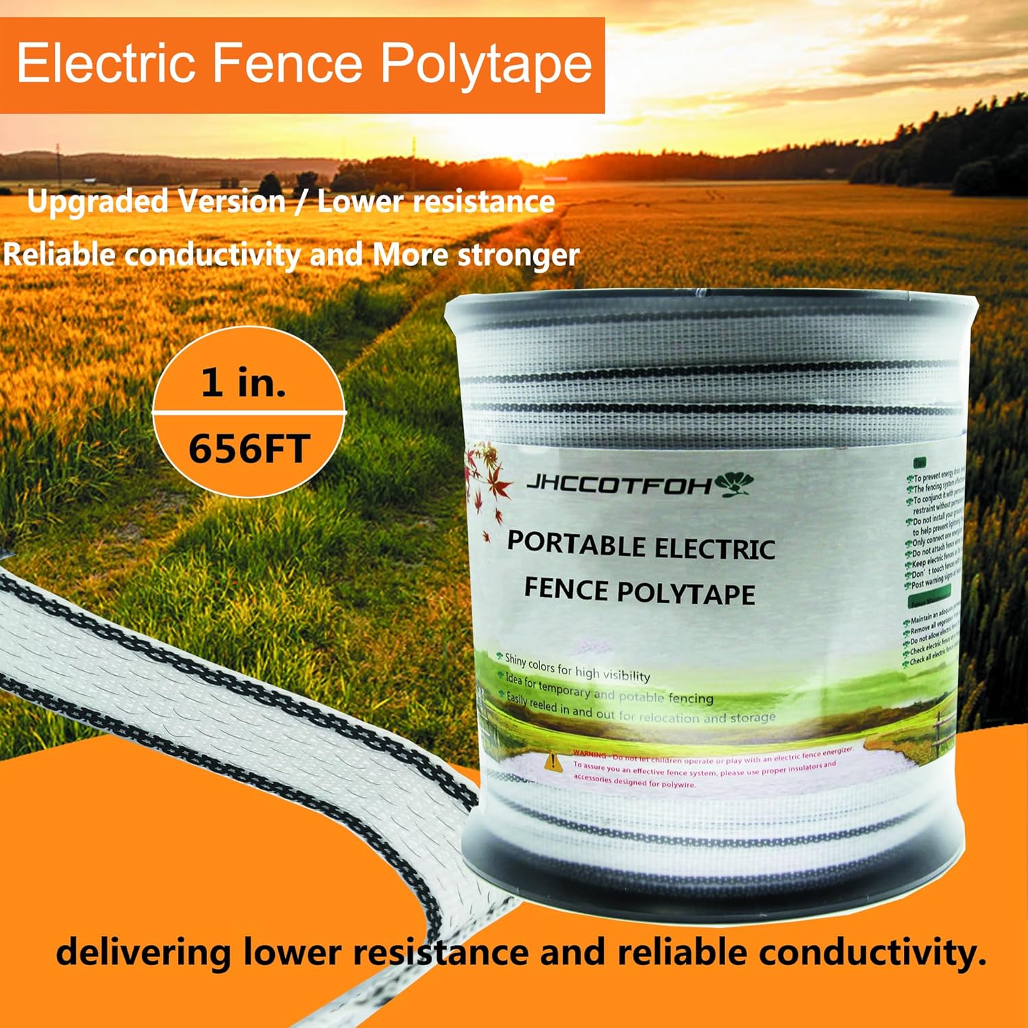 1 INCH Electric Fence Polytape, 8 Strands of Electrical Conductors Poly Electric Fence Tape, 656 Feet Roll, 1 Inch Wide White and Black Poly Tape Electric Fence