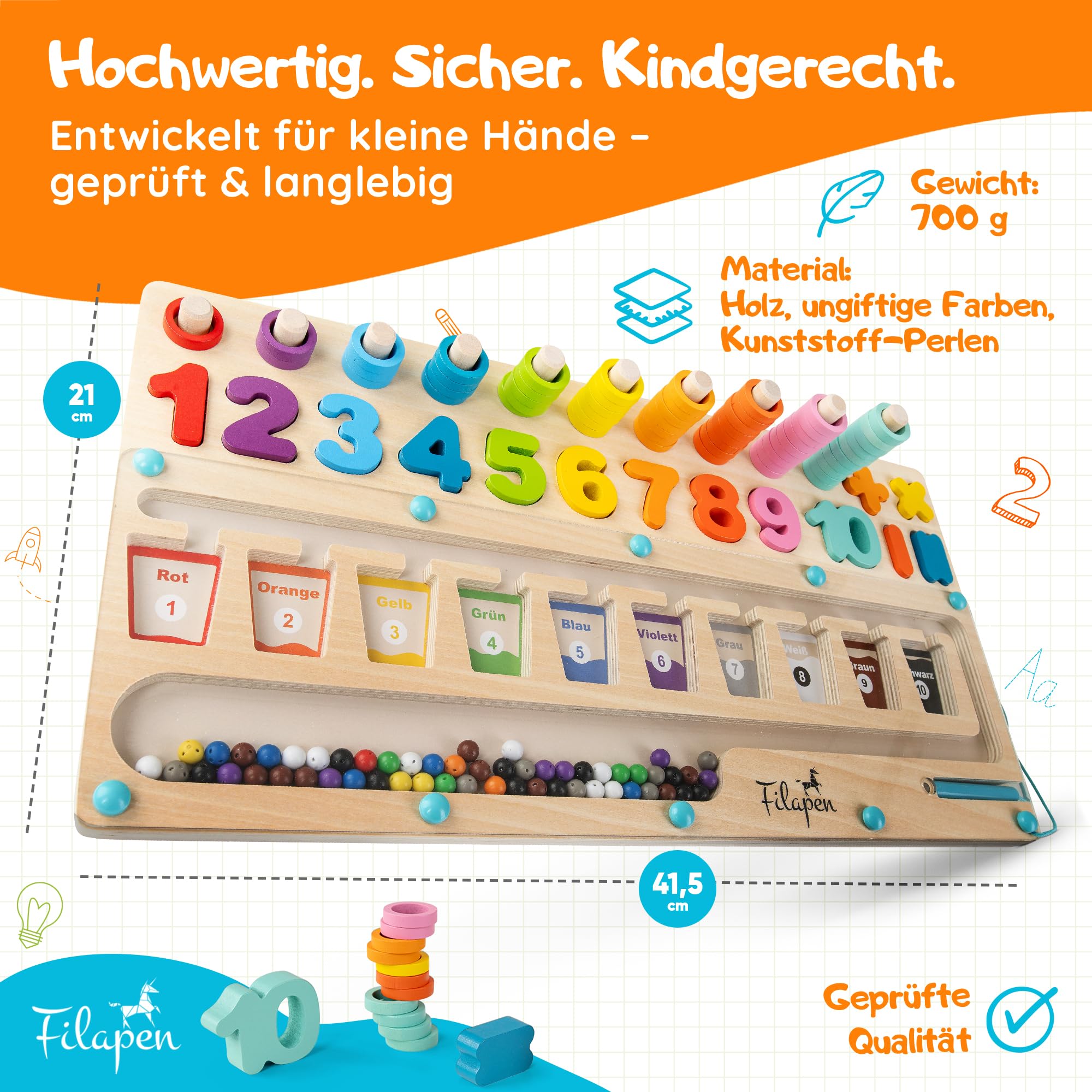 Filapen® Montessori zabawka od 3 lat, edukacyjna zabawka motoryczna, nauka kolorów i liczb, gra magnetyczna z drewna