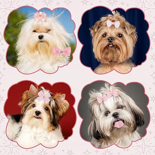 Miniatura 5 de 20 lazos rosados para perros de tamaño pequeño con bandas de goma, lazo elástico para perro, perlas de encaje hechas a mano, perlas de diamantes de