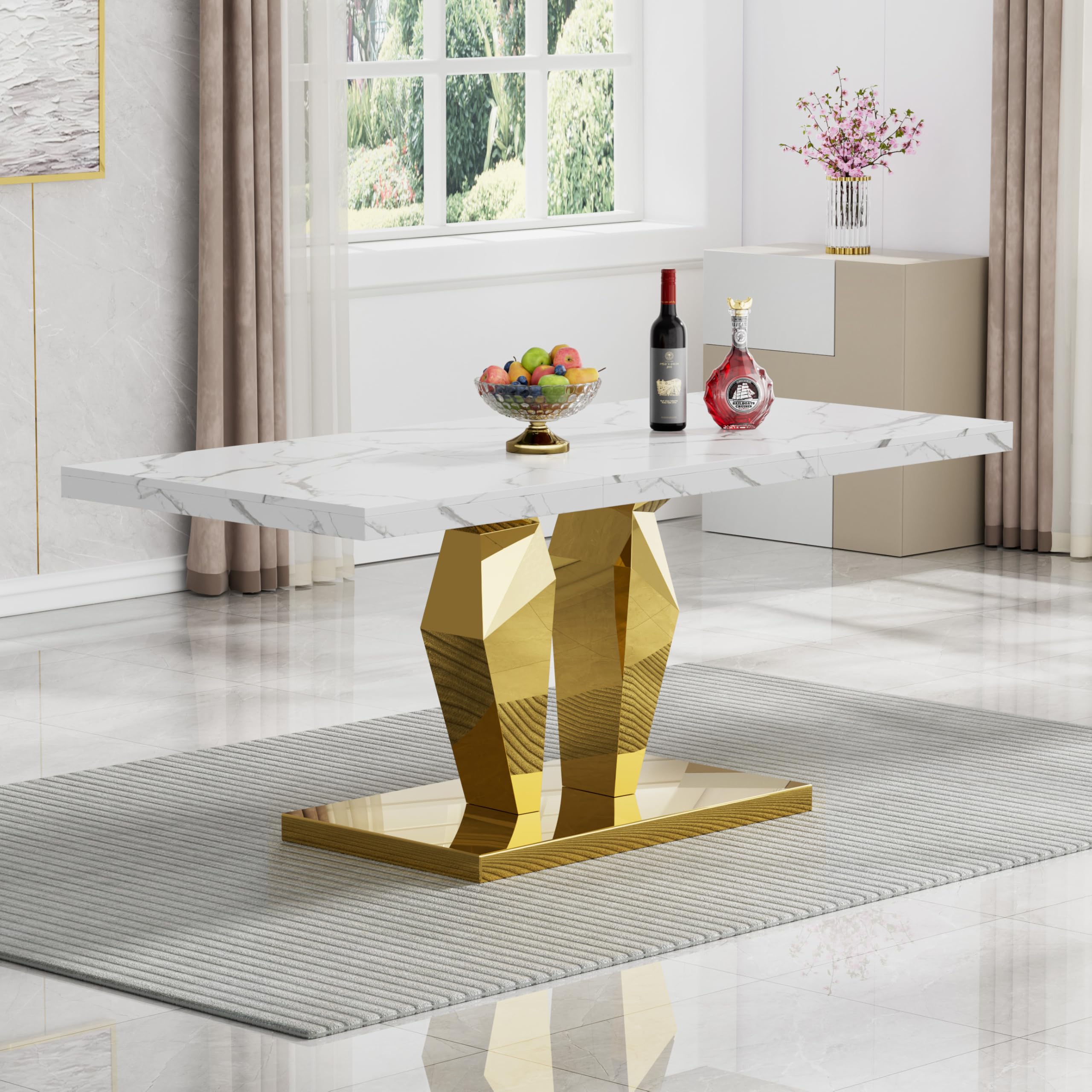 Goujxcy White Marble Dining Table Luxury Faux Marble Kitchen Table with Gold Mirrored Finish Stainless Steel Base, 70" Rectangular Dining Room Table