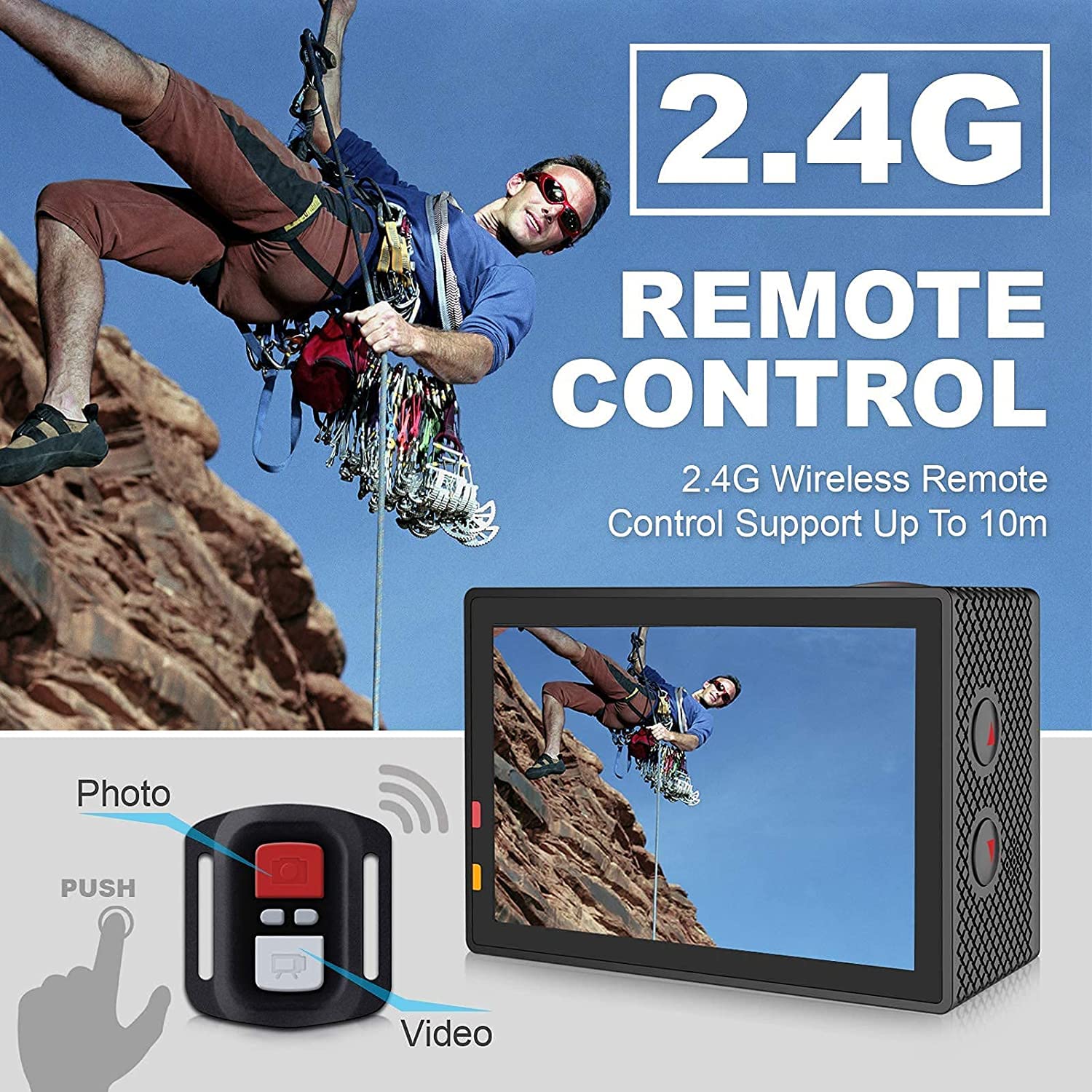 Cámara Deportiva 4K WiFi 20MP 40M Cámara de acción EIS a Prueba de Agua con de Gran Angular de 170 °con Control Remoto de 2.4G Cámara subacuática con baterías de 2x1200mAh
