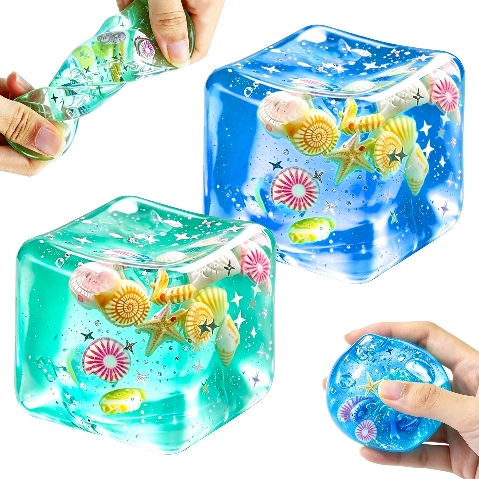 2 Pcs Squishy Cube, Ocean Shells Ice Cube Squishy Fidget Toys