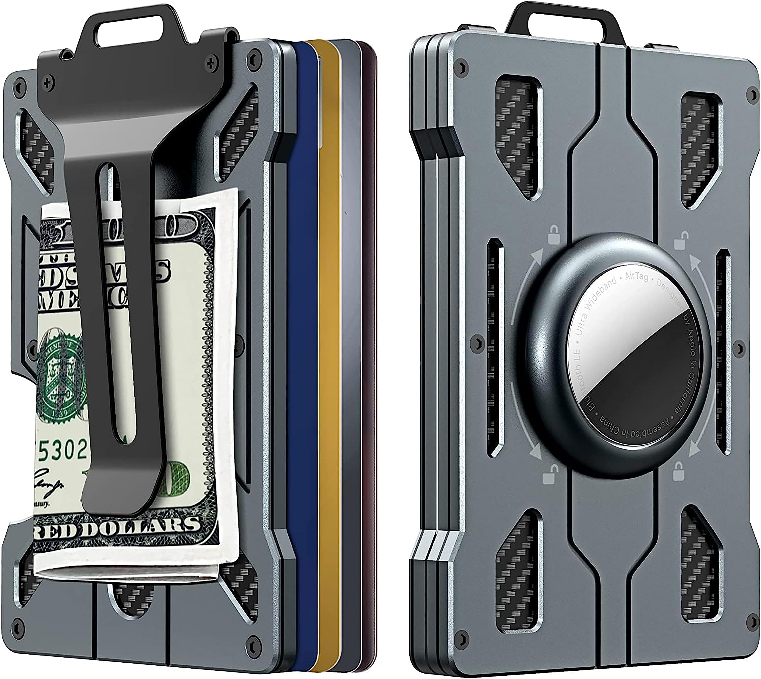 ALMEKAQUZCredit Card Holder with AirTag Keyring Wallet,RFID Blocking Aluminum Metal Money Clip,Cash Clip Dad Gifts,with 15 Cards Capacity(Airtag Not Included)