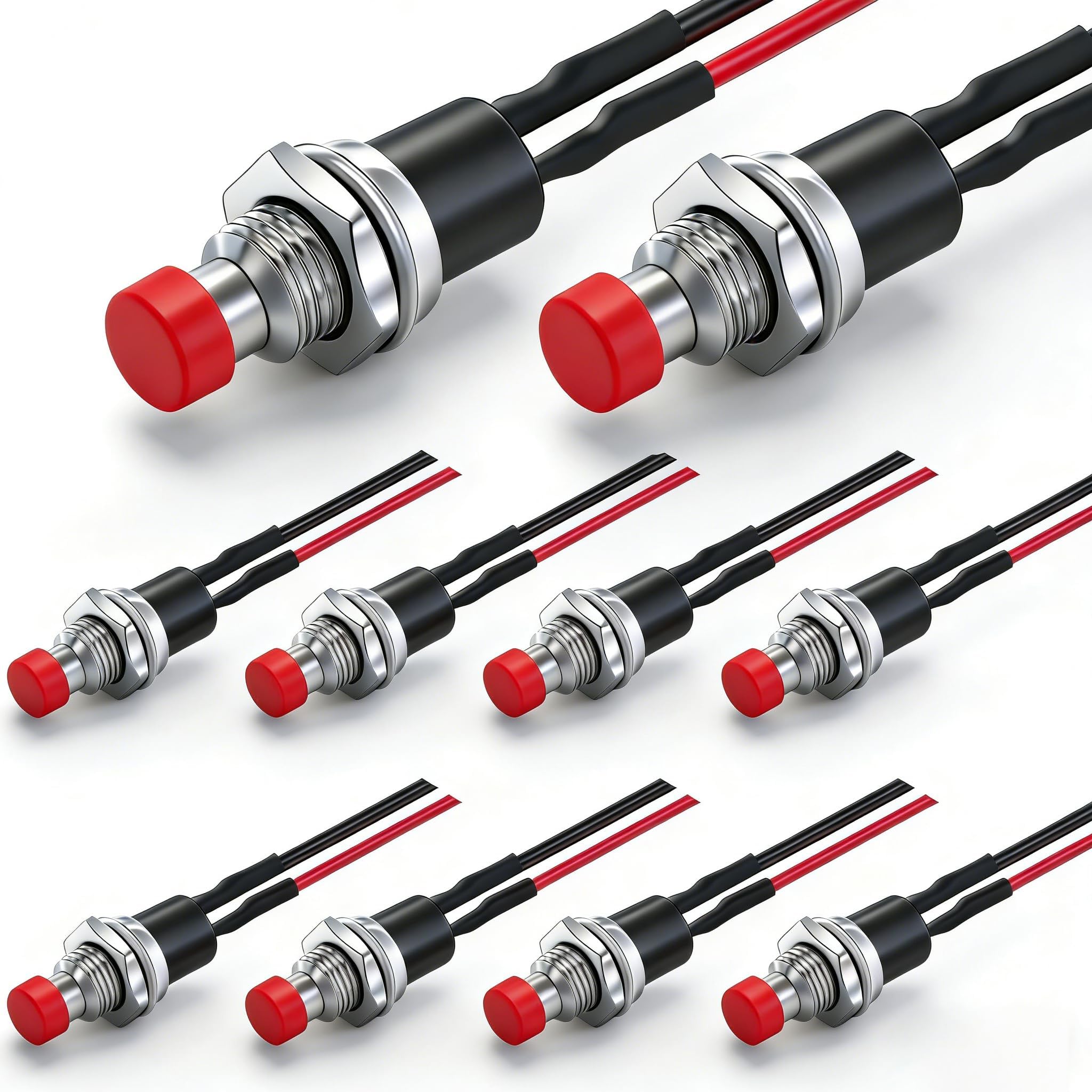 Twidec/10PCS 3V-6V-12V-24V-250V Momentary Push Button Switch 2 Pins ON/Off SPST 7mm Red Normal Open 1A Mini Round Button Switch with Pre-soldered Wires PBS-110-XR