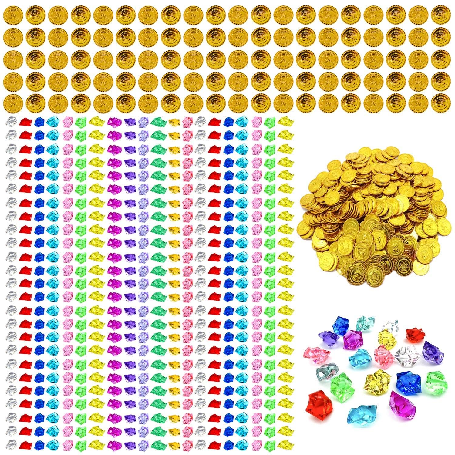 100 Pirate Gold Coins, 500 Pieces Of Transparent Color Crystal Stones, Plastic Gold Coins, Acrylic Gemstones, Gold Coin Pirate Treasure, Gold Treasure Chest For Children, Children'S Game Props