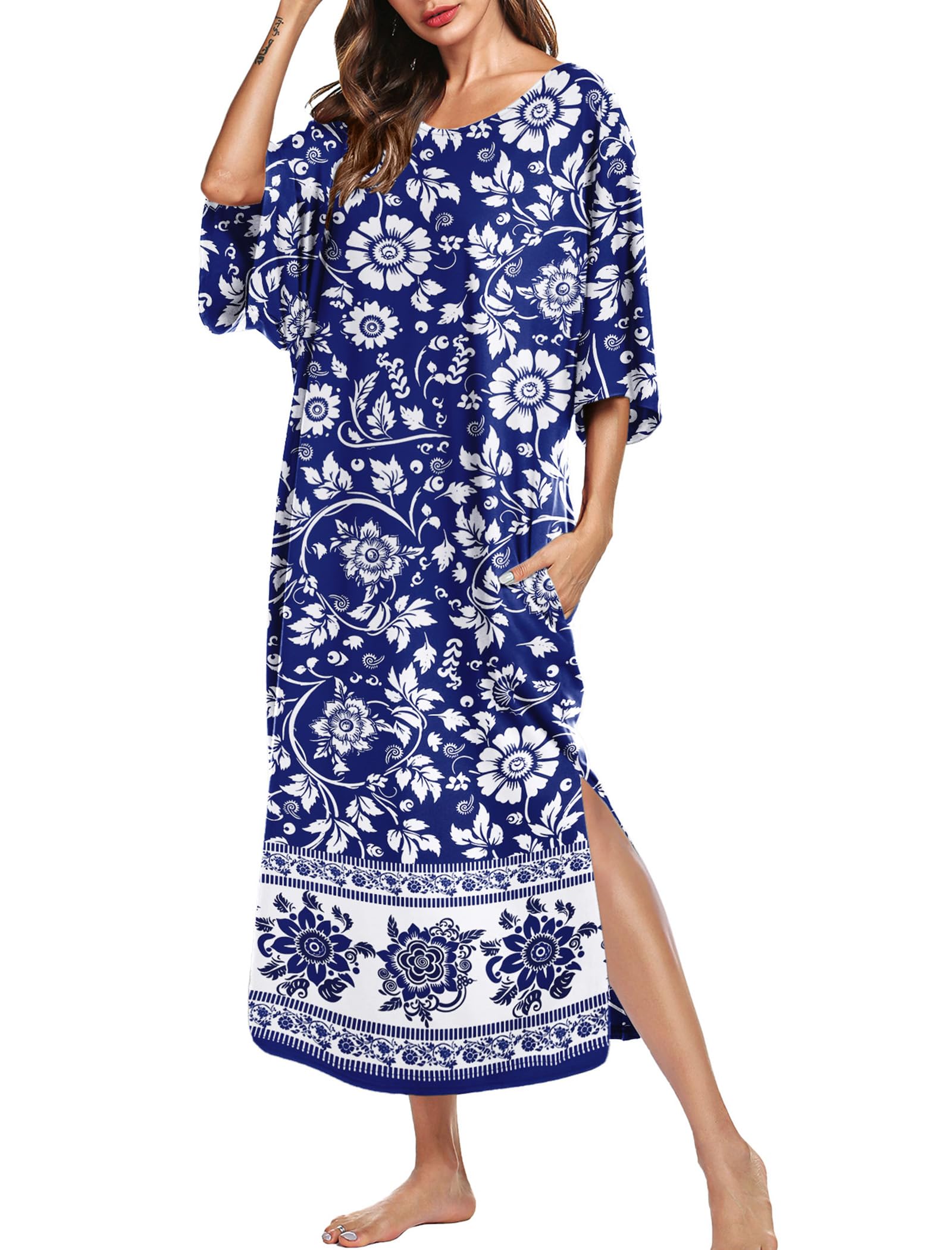 Ekouaer Long Nightgowns for Women Short Sleeve Night Gowns with Pockets | Casual Maxi Lounge Dress, Round Neck Sleep Dress, Plus Size House Dress, Side Split Sleepshirts for Lounging, Home, Party