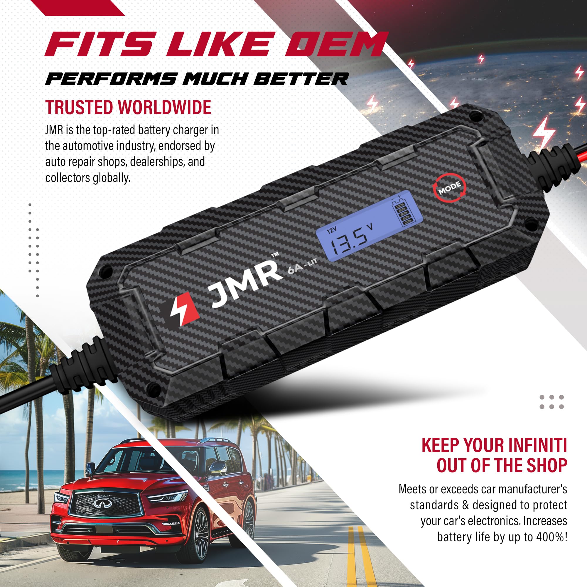 JMR Cargador de Bateria para Infiniti QX Q FX M G37 JX G35 ESQ EX G Todos los Modelos Mantenedor de Carga Acondicionador (Añadir Modo Litio)