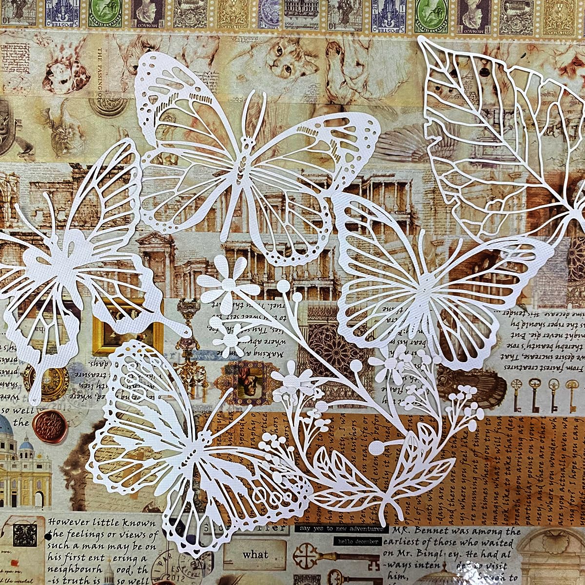 Papier Décoratif Vintage Fleurs Blanches Scrapbooking – Kit Avec Appliques Brodées, Dentelle Et Ruban, Idéal Journal, Album, Carte (Purity)