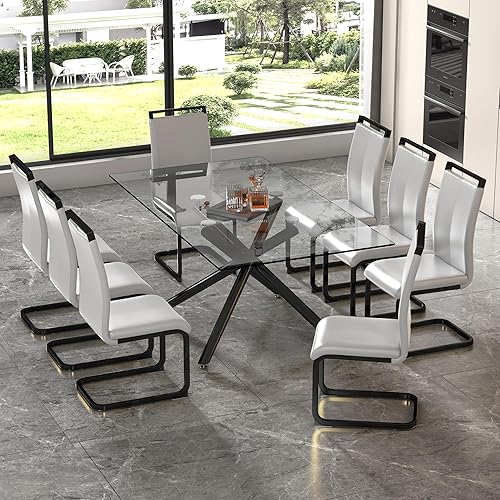 Miniatura 15 de Juego de 6 mesas de comedor de cristal, moderno juego de mesa de comedor de 71 pulgadas con 6 sillas de comedor tapizadas de piel sintética para