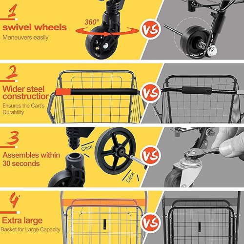 Miniatura 30 de Wellmax - Carrito para ir de compra con ruedas, carrito de metal para comestibles, con ruedas giratorias dobles y cesta adicional, carro plegable