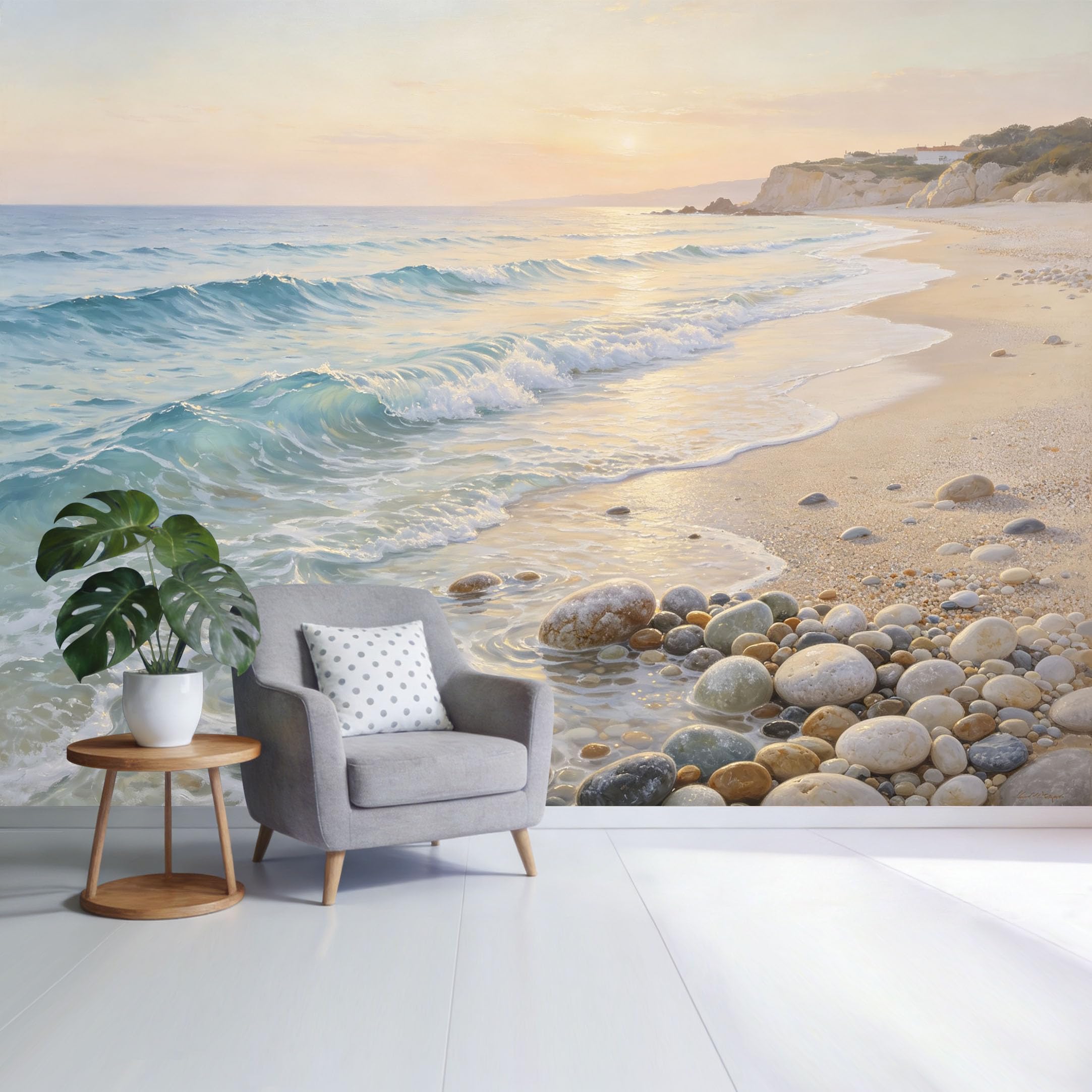 Custom Size Wall Mural Coastal Sunrise Ocean Waves Pebble Beach Landscape SelfAdhesive Wall Fabric Removable Wallpaper for Home Office Decor