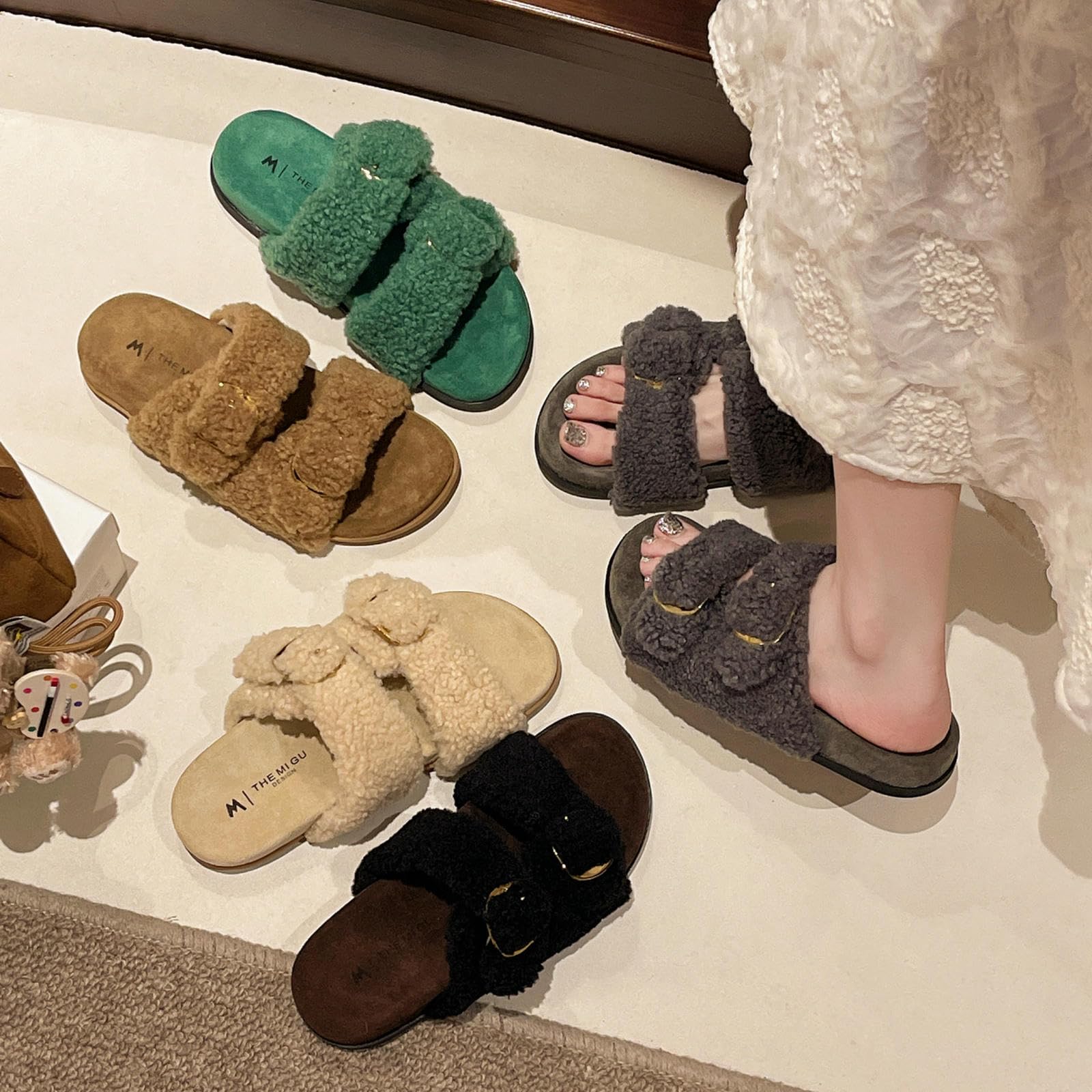 Donna Pantofole in Peluche da con Fibbia Regolabile, Comode A Punta Aperta-verde-35