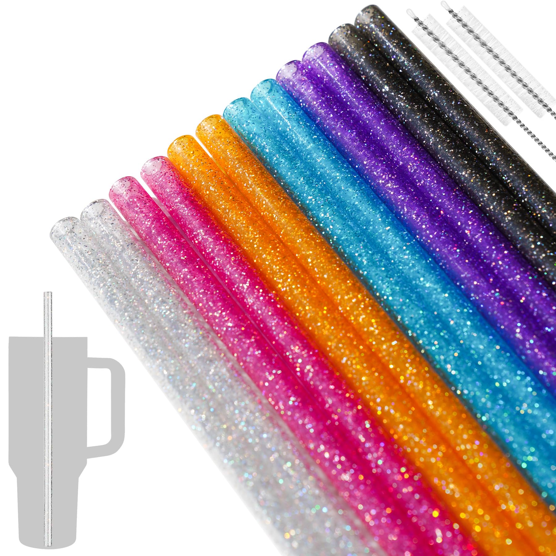 NiHome 40oz Straws, 12 Pack Glitter Plastic Replacement Straws for Stanley 40 oz Tumbler, 0.32’’ Diameter Reusable Straw 12’’ Long with 2 Brushes -