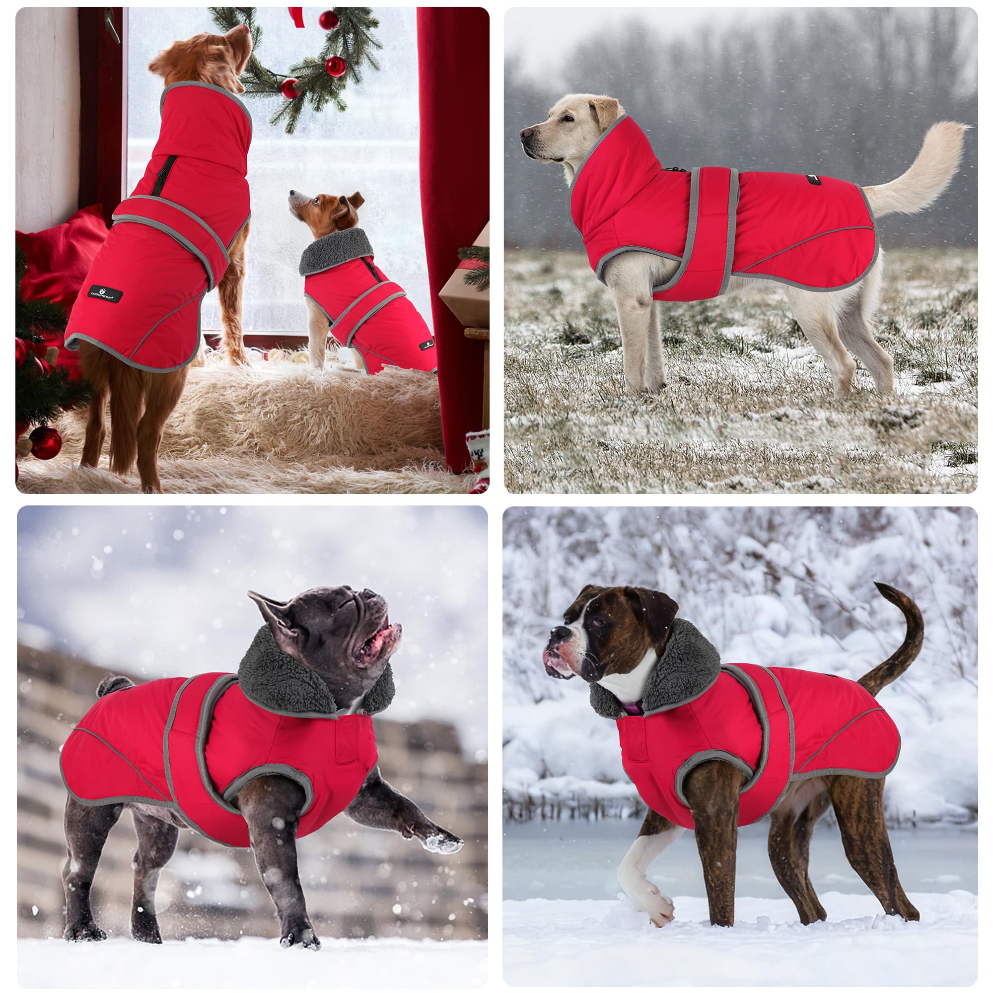 Dogcheer Cappottino per cani, impermeabile e riflettente, con gancio e anello regolabili, giacca in pile per cuccioli di Natale, a collo alto, per cani di taglia piccola, media e grande, rosso, XL