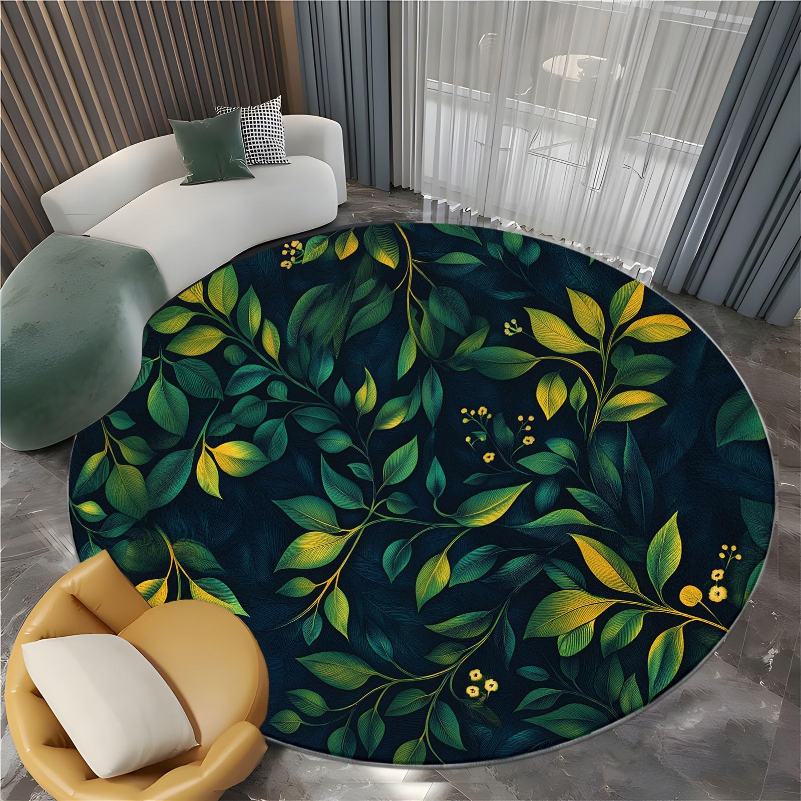 Tapis rond Shaggy lavable vert forêt 150 cm déco salon style William Morris