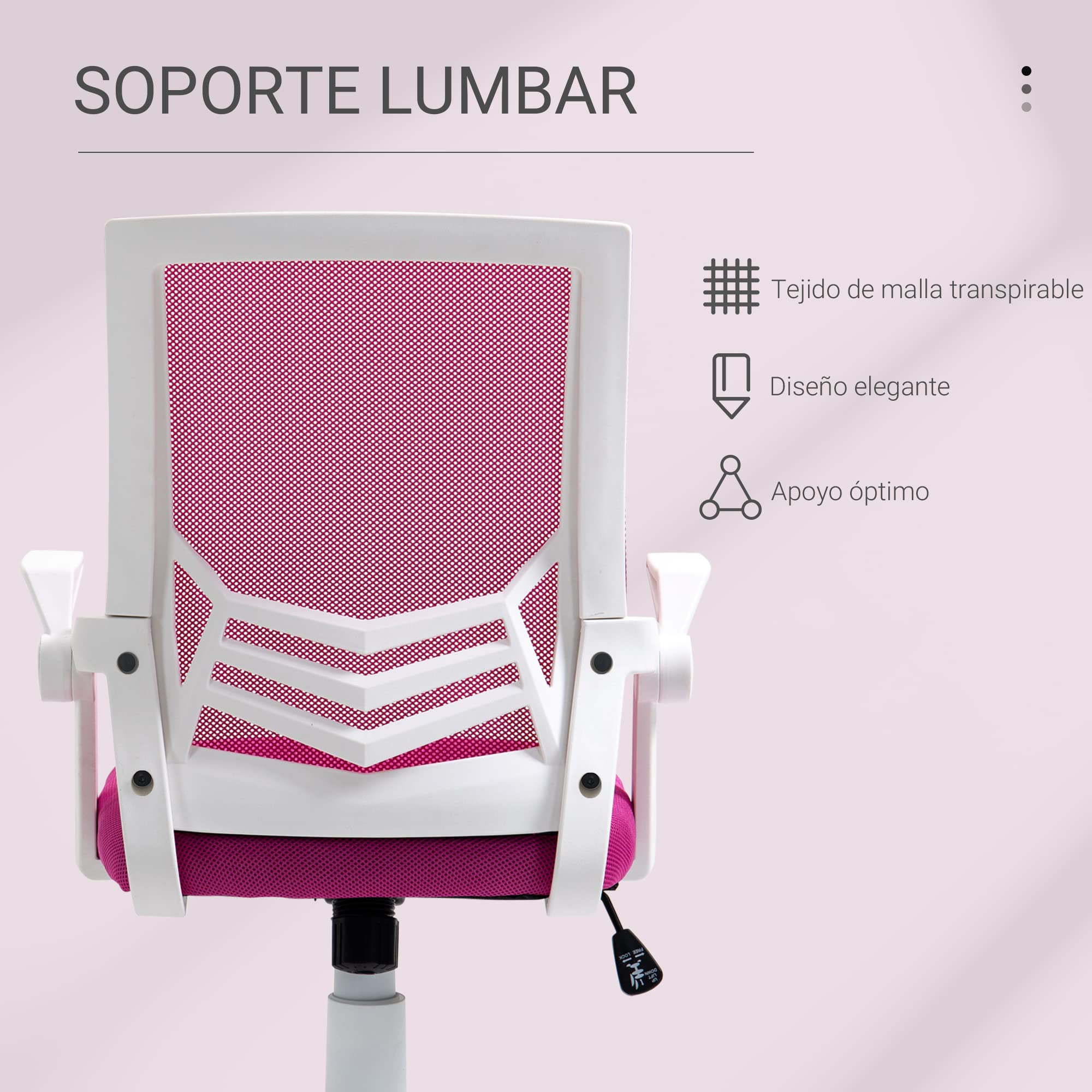 Vinsetto Silla de Oficina Ergonómica Giratoria 62,5x55x94-104 cm Rosa | Silla Escritorio, Altura Ajustable, Reposabrazos Abatible, Soporte Lumbar Transpirable, para Adolescentes Adultos