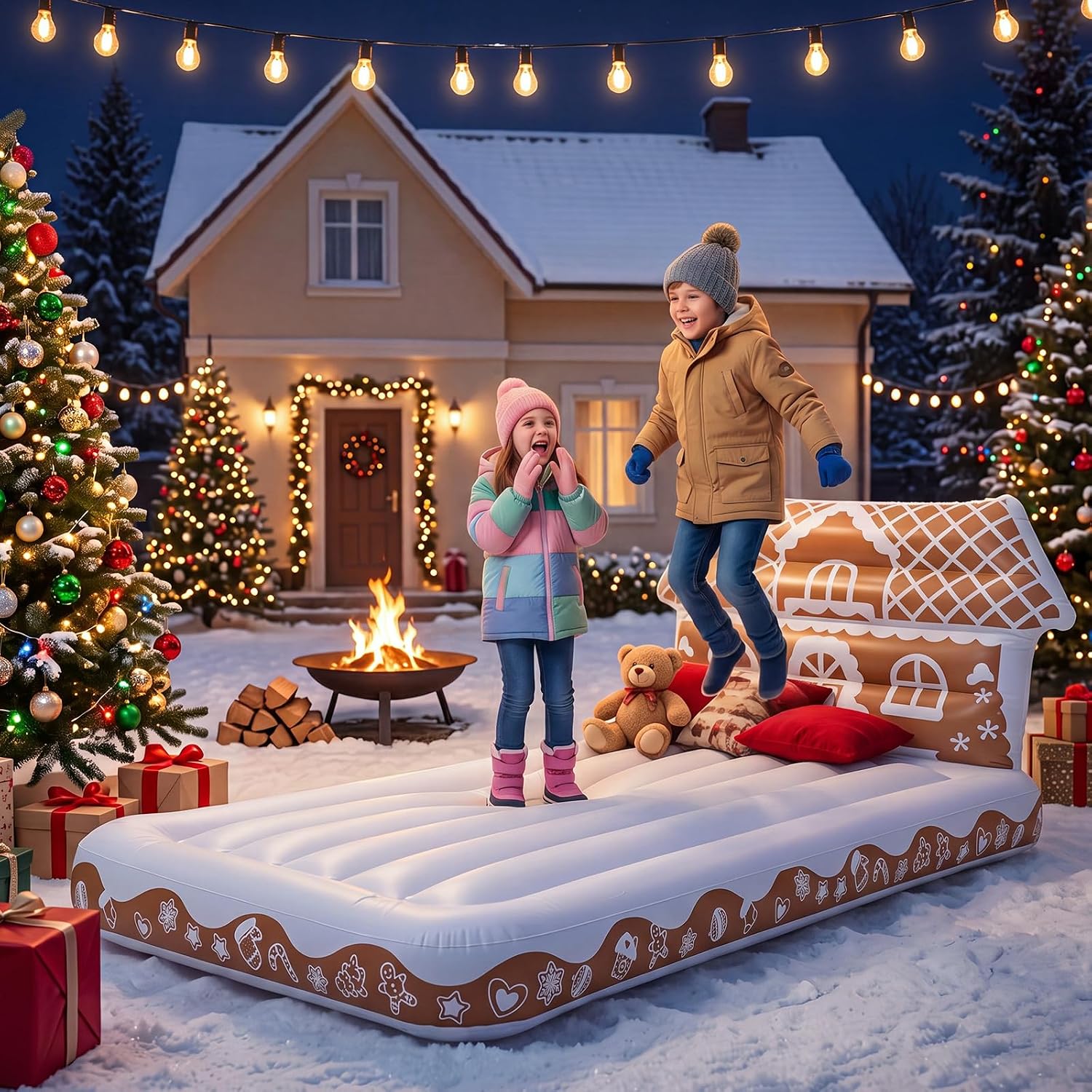 Wenqik Christmas Kids Gingerbread House Inflatable Bed Portable Sleepover Toddler Travel Bed Blow up Air Mattress for Christmas Nights Holiday Camping Home Travel Sleepovers