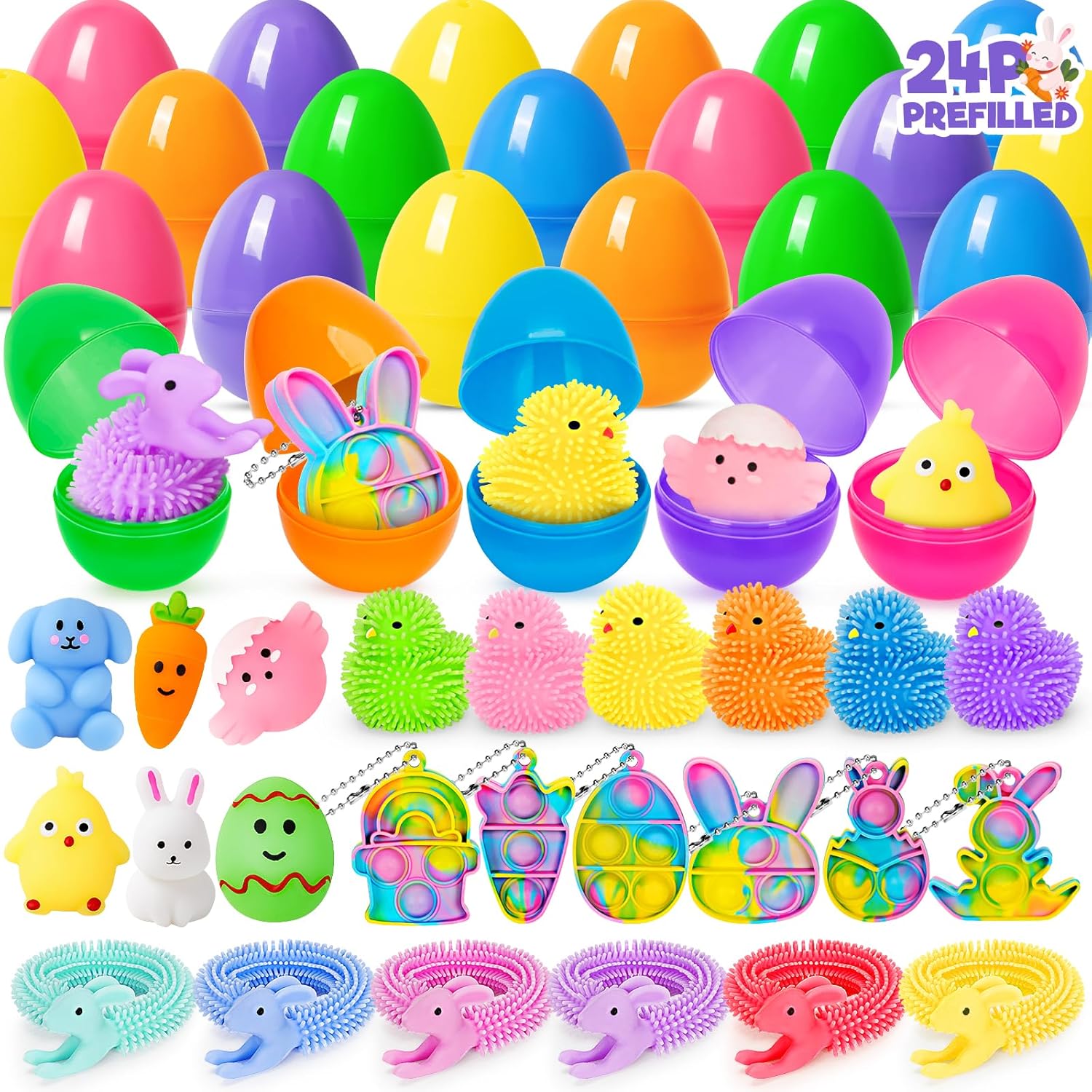 Prefilled Easter Eggs with Toys, 24 Pack Plastic Easter Eggs with Assorted Toys Inside, Pre filled Surprise Eggs for Easter Hunt, Easter Basket Stuffers, Party Favors Bulk for Kids Boys Girls