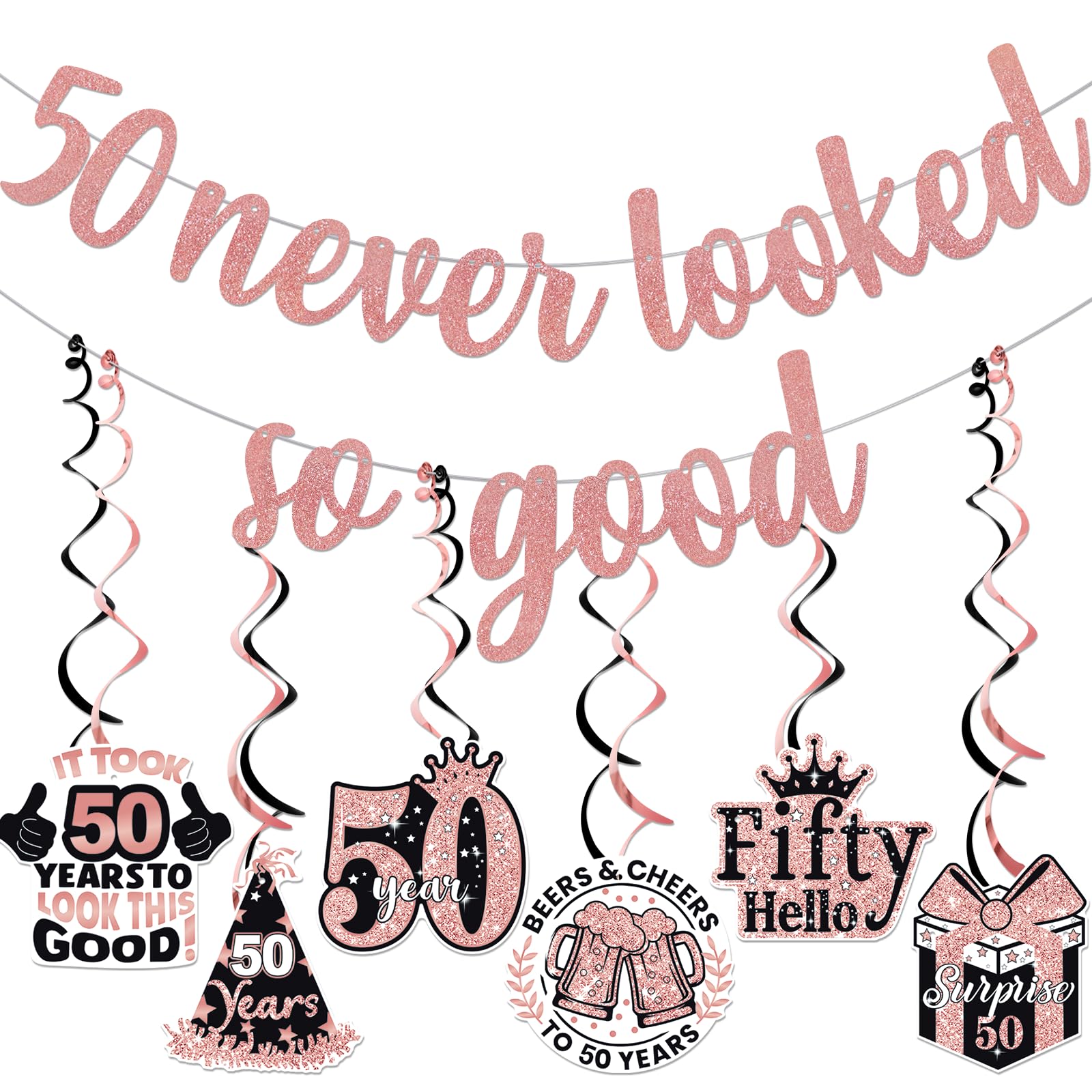 50 Never Looked So Good Banner – Rose Gold Glitter 50th Birthday Decor For Women, Party Backdrop - View #6