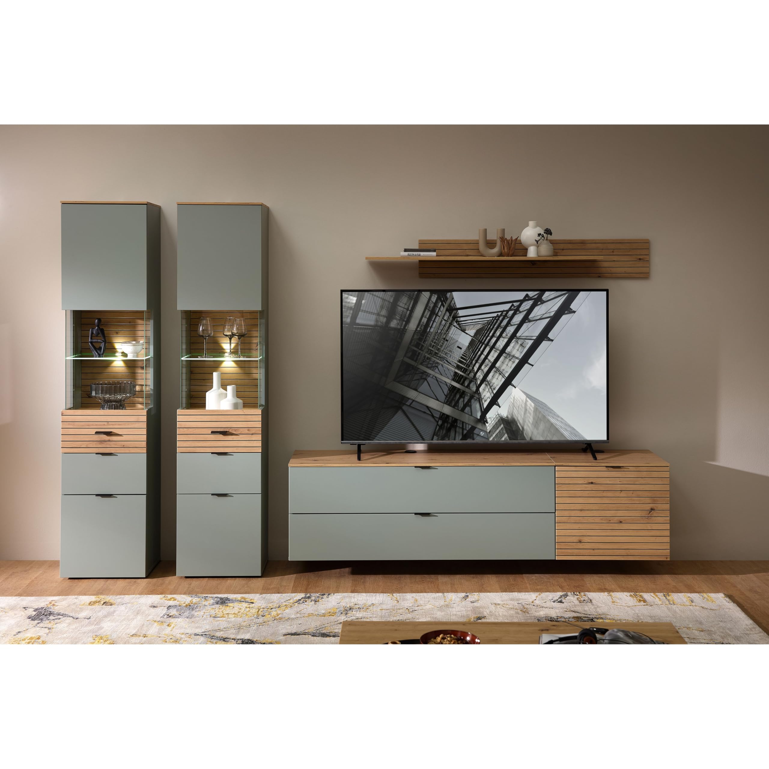 Stella Trading INA - Set completo da parete in verde canna, effetto rovere artisano, certificato FSC, 5 pezzi, con illuminazione a LED per il vostro soggiorno, 320 x 200 x 44 cm (larghezza x altezza x